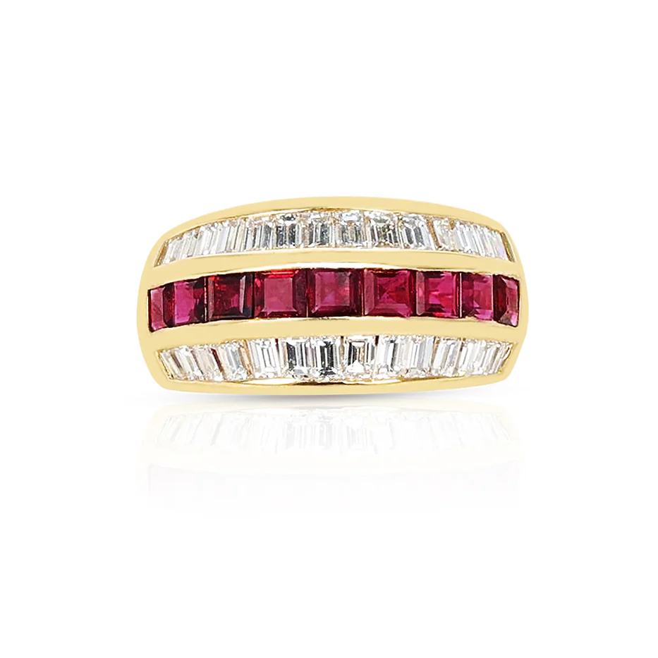 1.50 ctw. Diamond and 1.22 ctw. Ruby Three Row Estate Ring, 18K