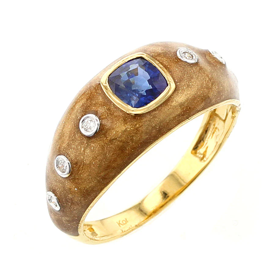 Brown Enamel Ring with Blue Sapphire and Diamonds, 18K Yellow Gold