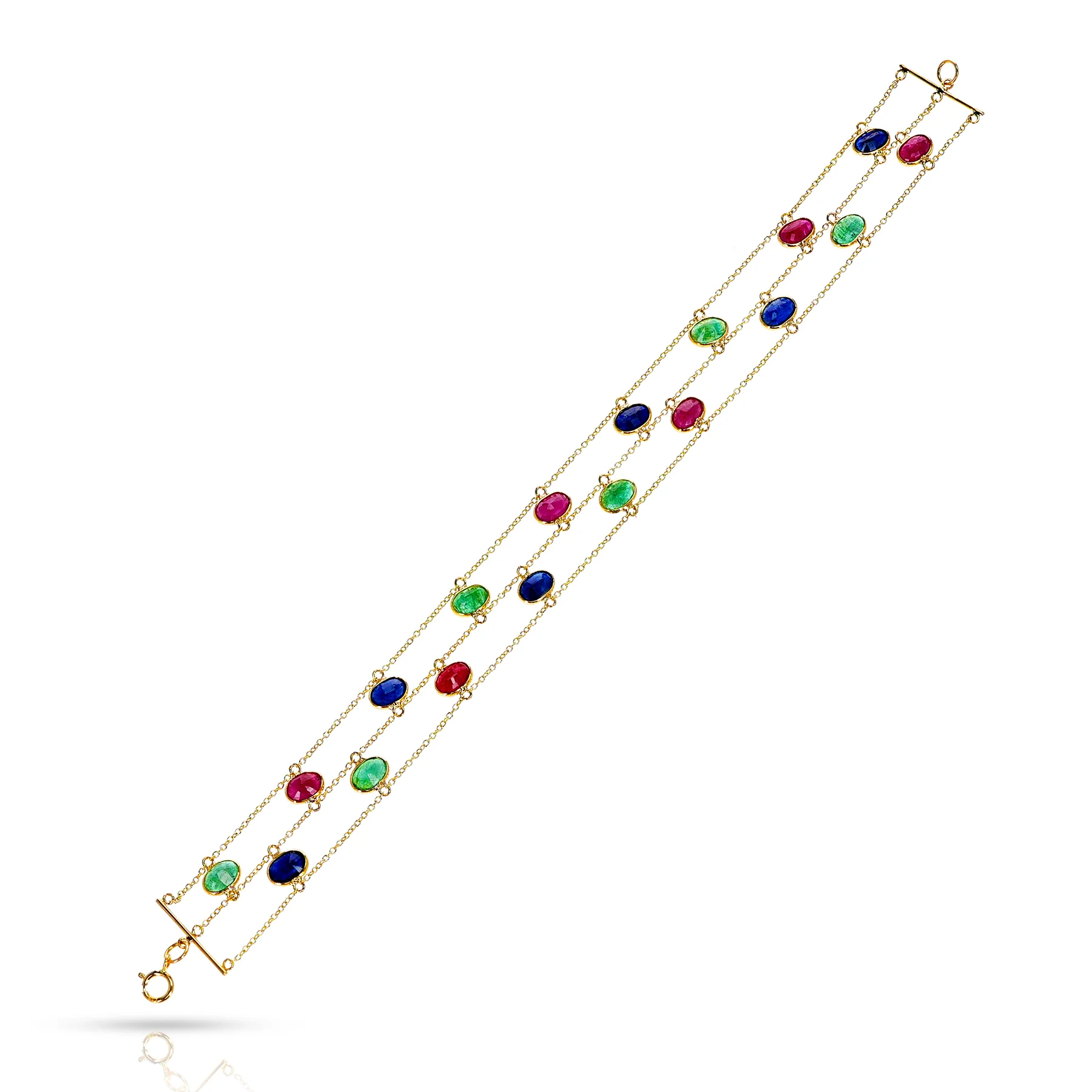 Oval Emerald, Ruby, Sapphire Double Line Adjustable Bracelet, 18k Yellow Gold