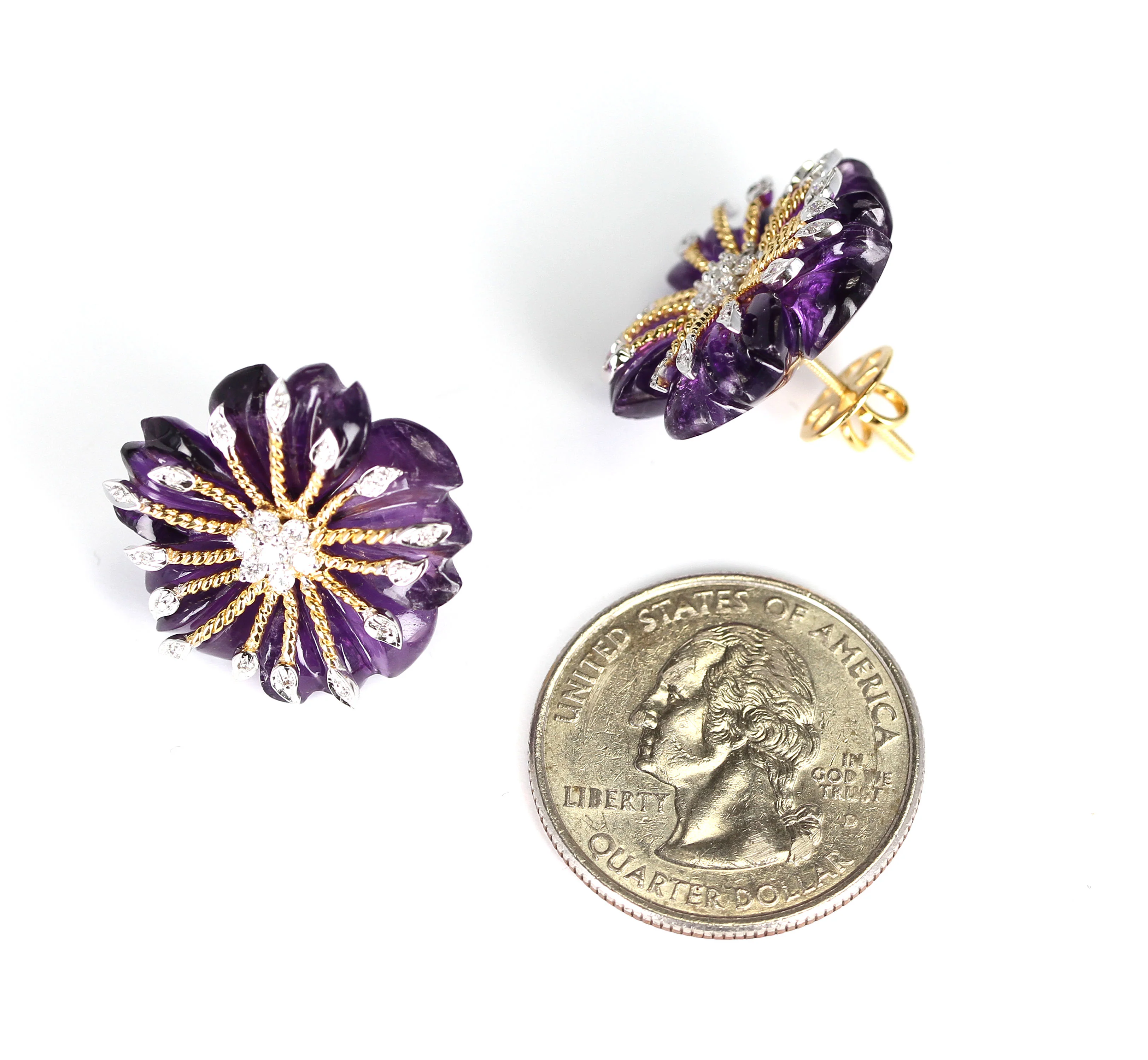 Carved Round Floral Amethyst Earrings with Diamonds