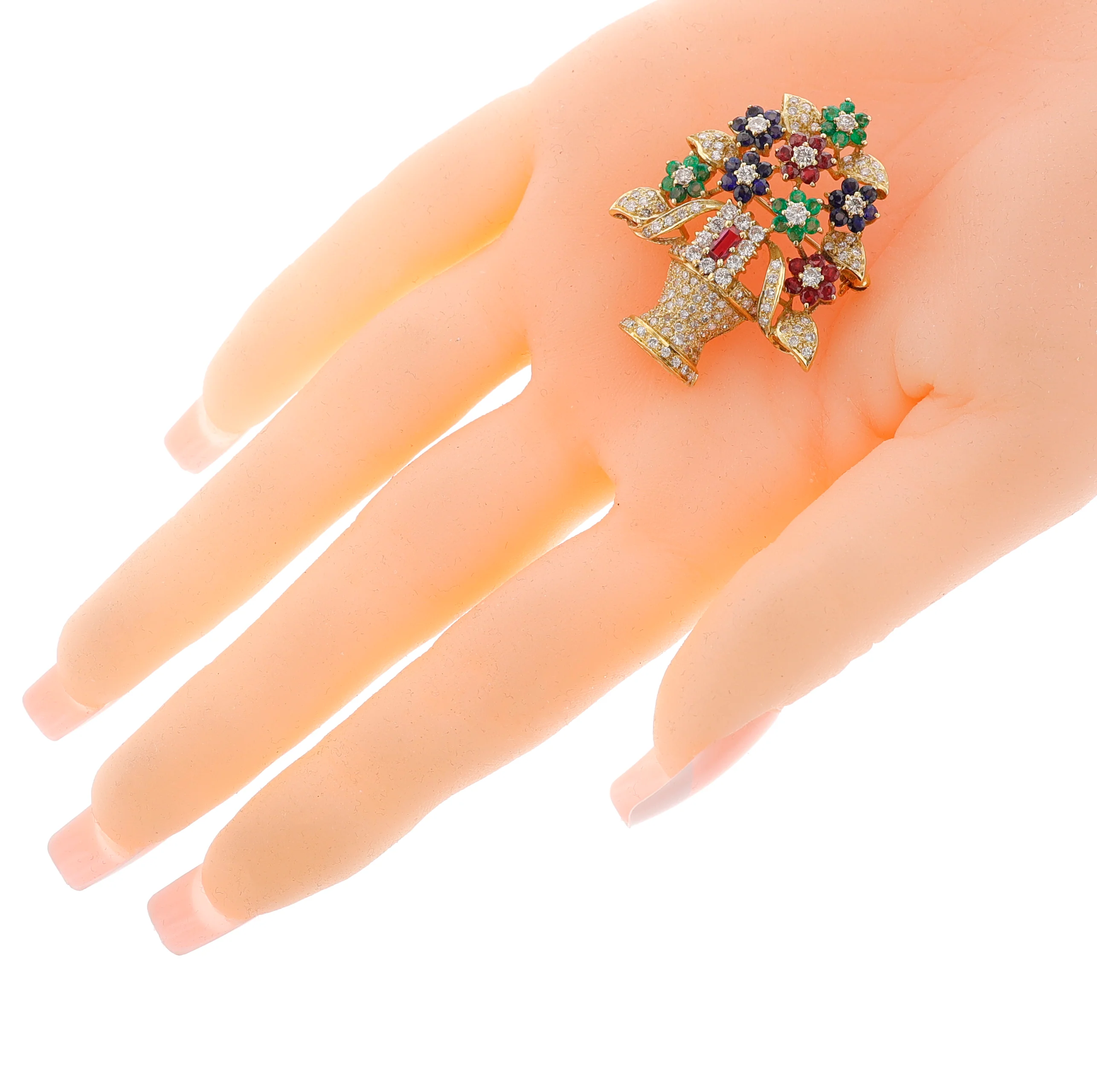 Emerald, Ruby, Sapphire and Diamond Floral Bouquet Brooch, 18k