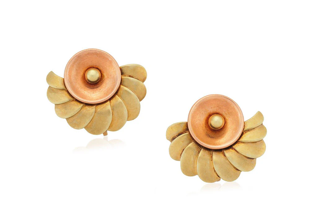 Two Tone Retro Fan-Style Earrings, 14K Rose & Yellow Gold
