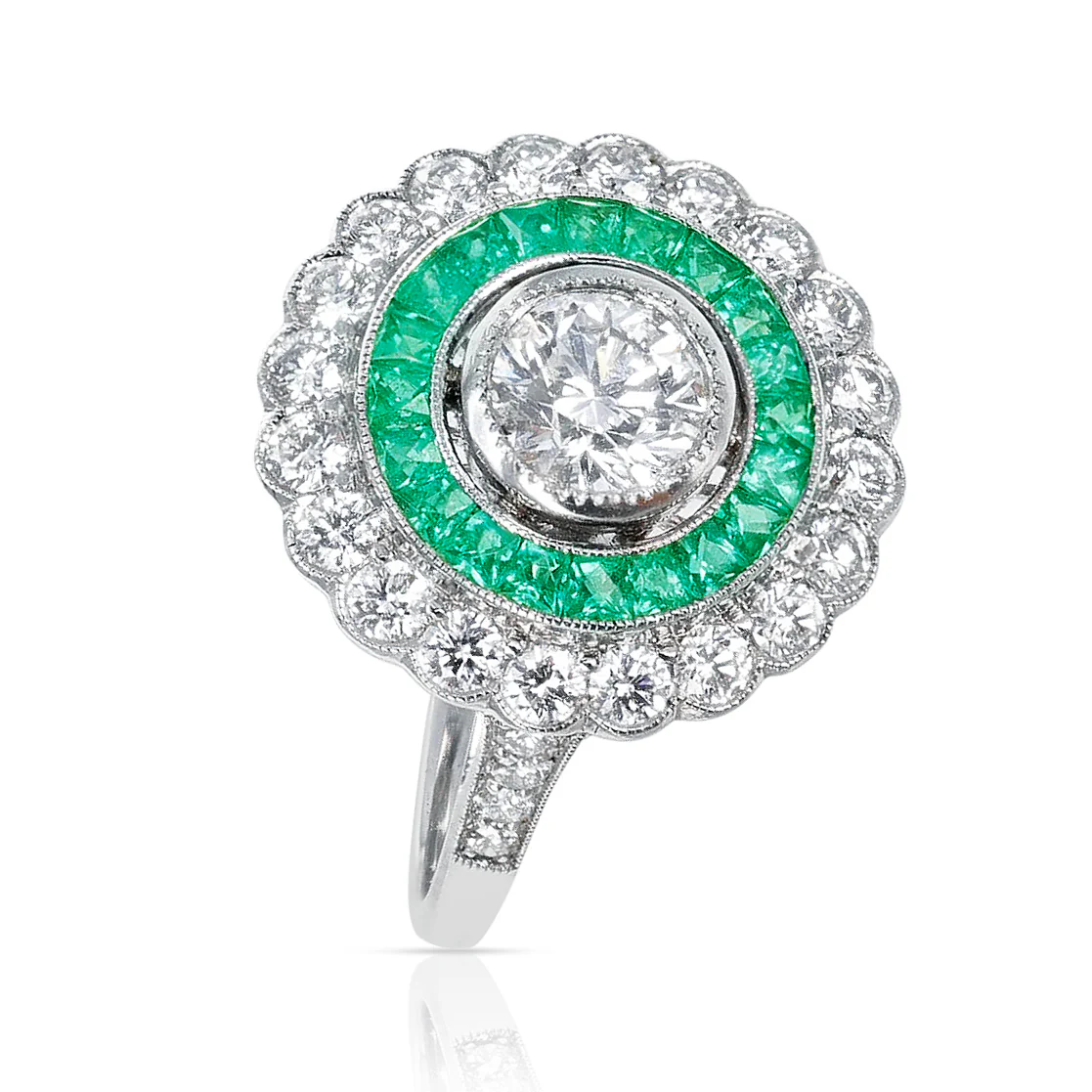 French Art Deco Style 0.80 carat Diamond and Emerald Engagement Ring, Platinum