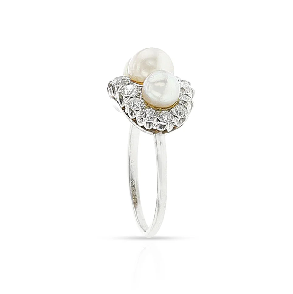 Tiffany & Co. Art Deco Akoya Pearl and European-Cut Diamond Ring, Platinum