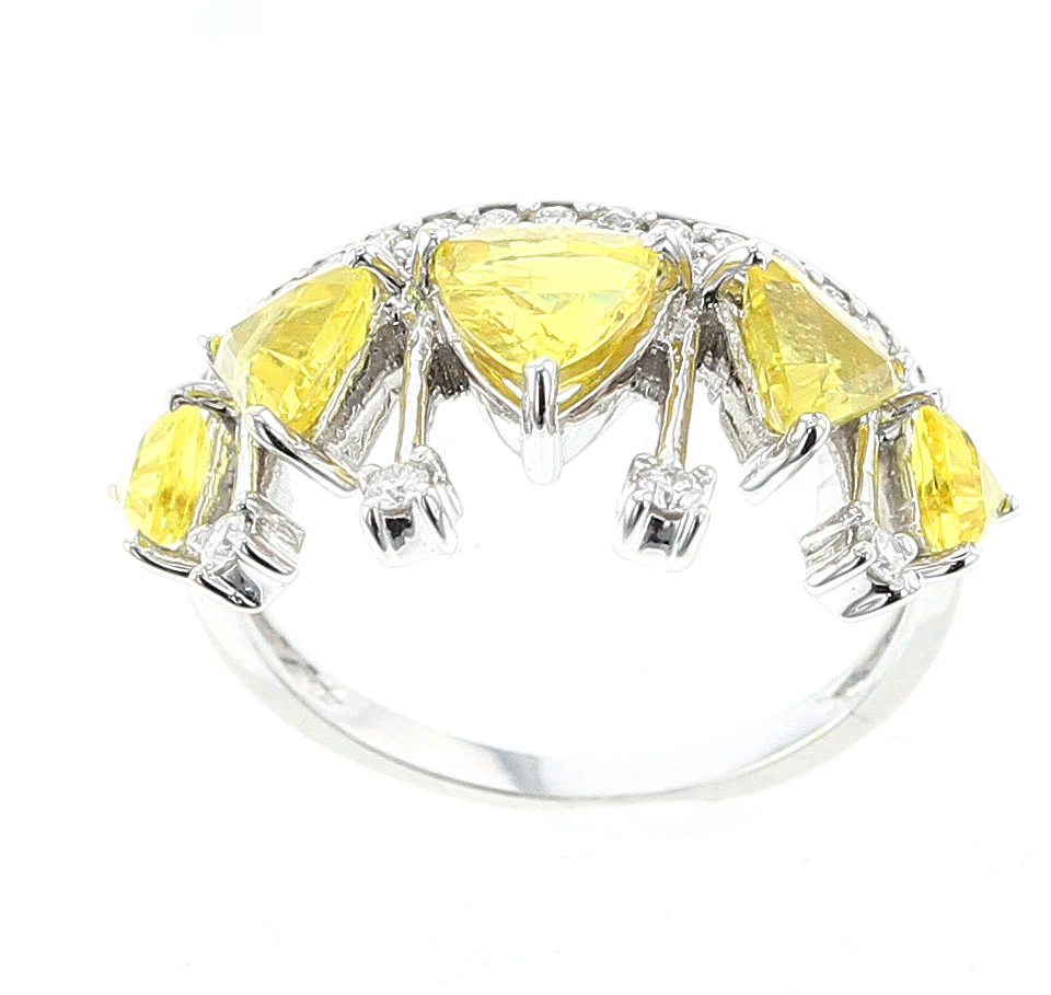 Yellow Sapphire and Diamond Crown Ring. 18K White Gold