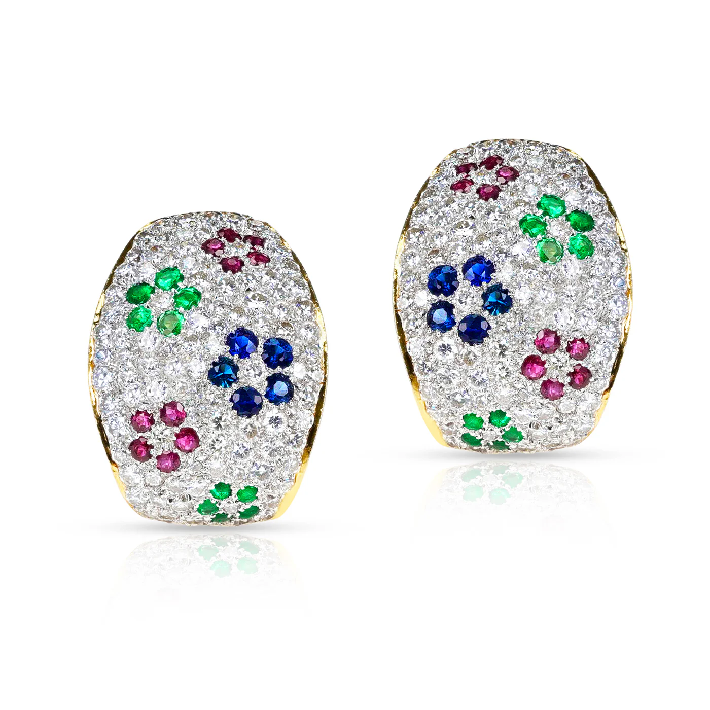 Diamond, Emerald, Ruby and Sapphire Floral Design Earrings, 18k