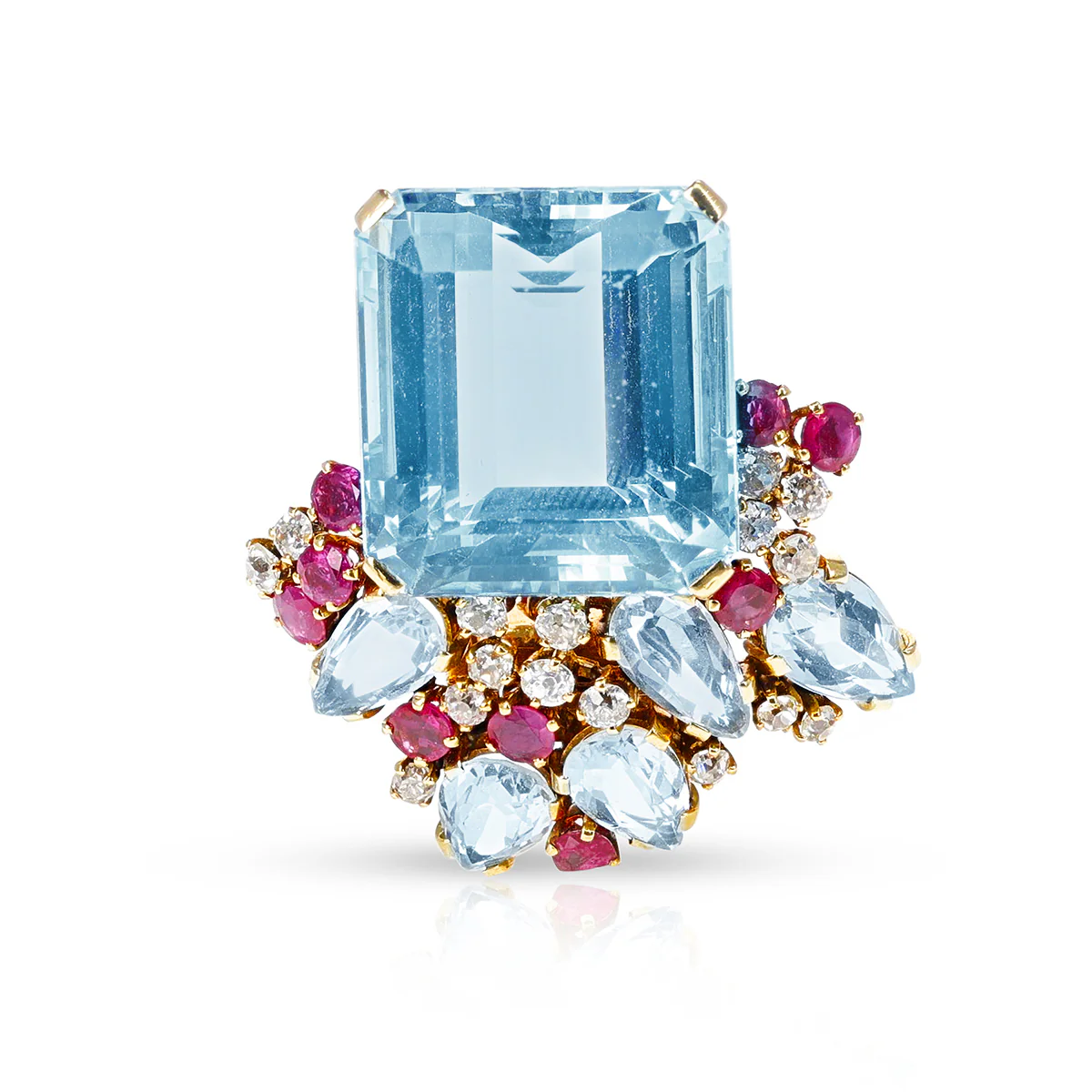 Suzanne Belperron Aquamarine, Ruby and Diamond Brooch, 18k
