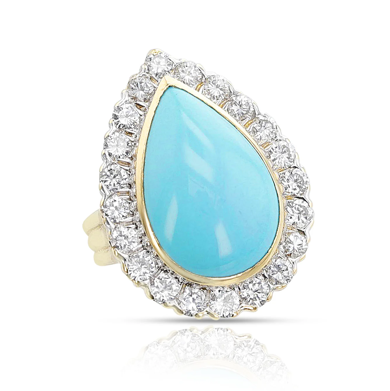1970s David Webb Turquoise Cabochon and Diamond Ring, 18k and Platinum