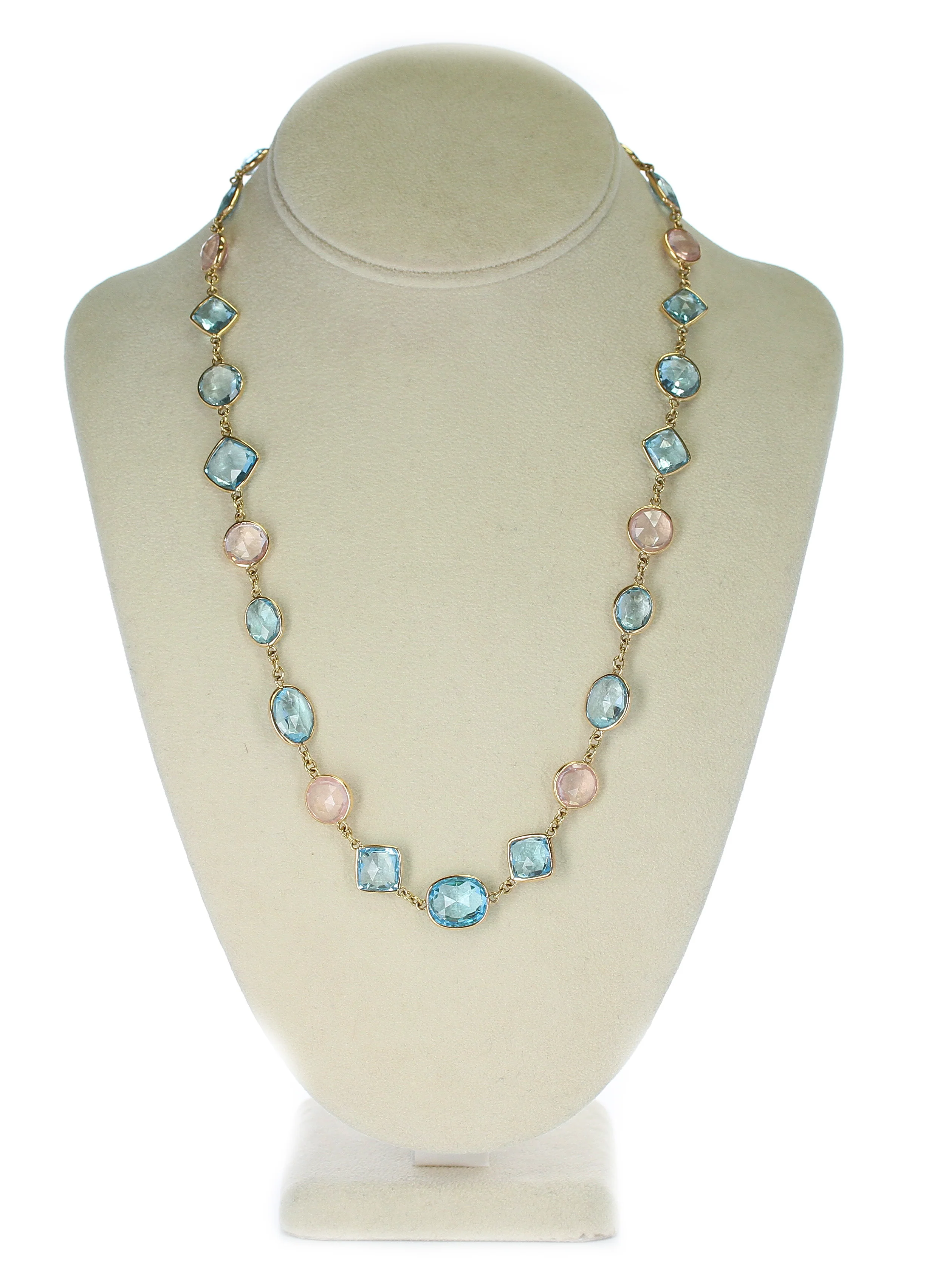 Round Rose Quartz and Oval and Diamond Blue Topaz Faceted Necklace 18K Fine Necklace