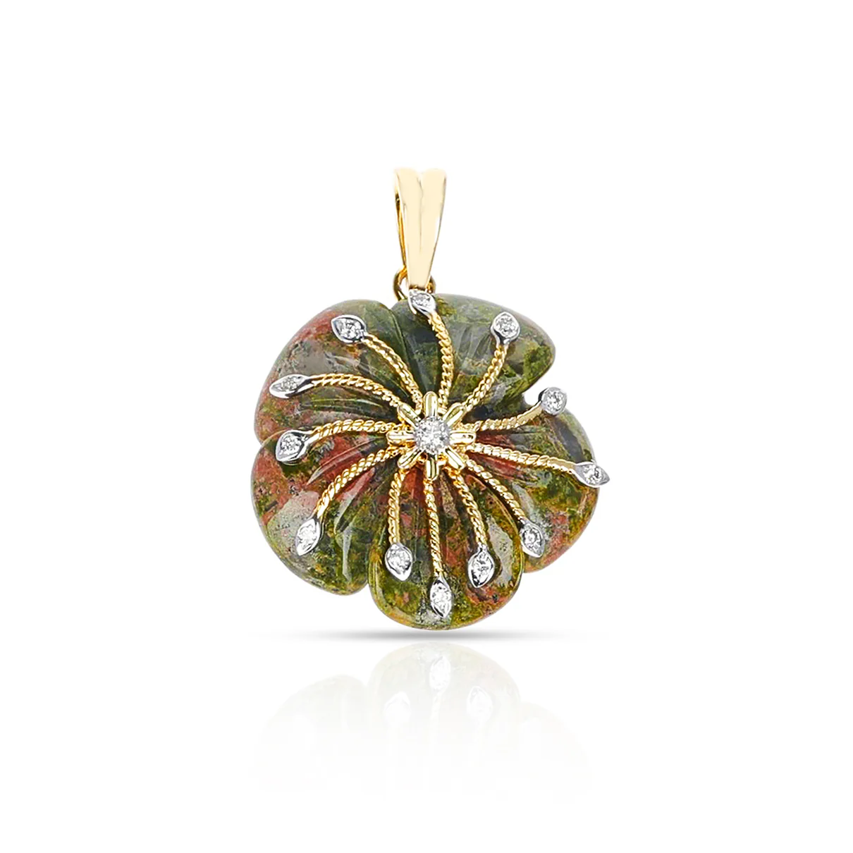 Unakite Carved Floral Pendant with 14k Goldwork and Diamonds