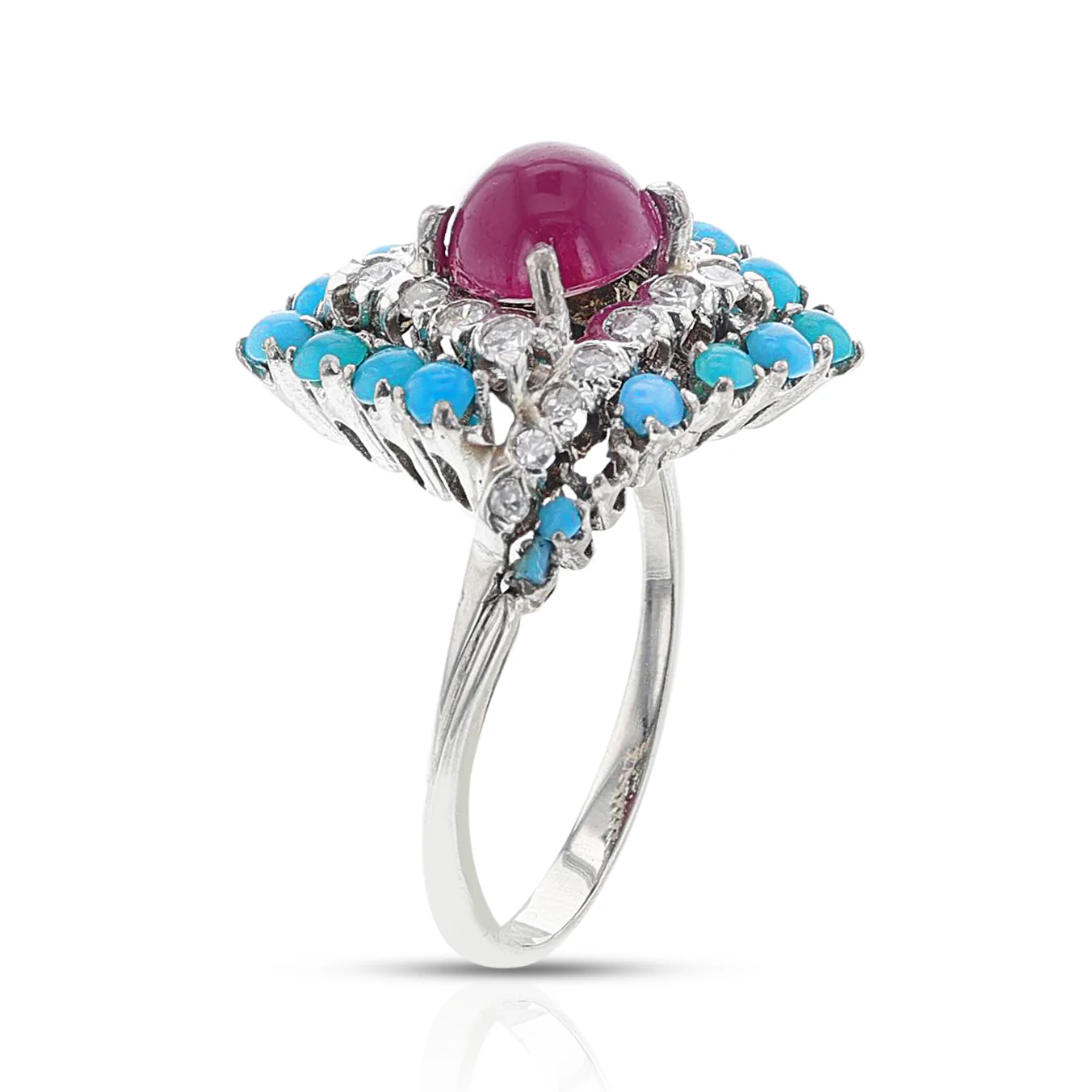 Ruby and Turquoise Cabochon Ring with Diamonds, 18k