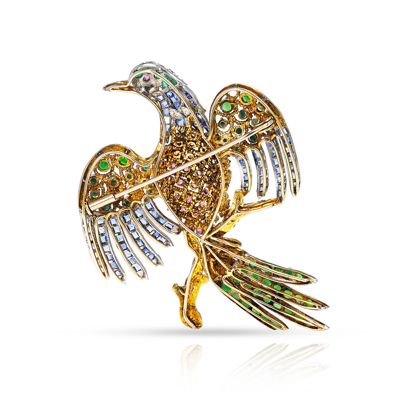 Ruby, Emerald, Sapphire, Turquoise and Jade Bird Brooch/Pin, 14k