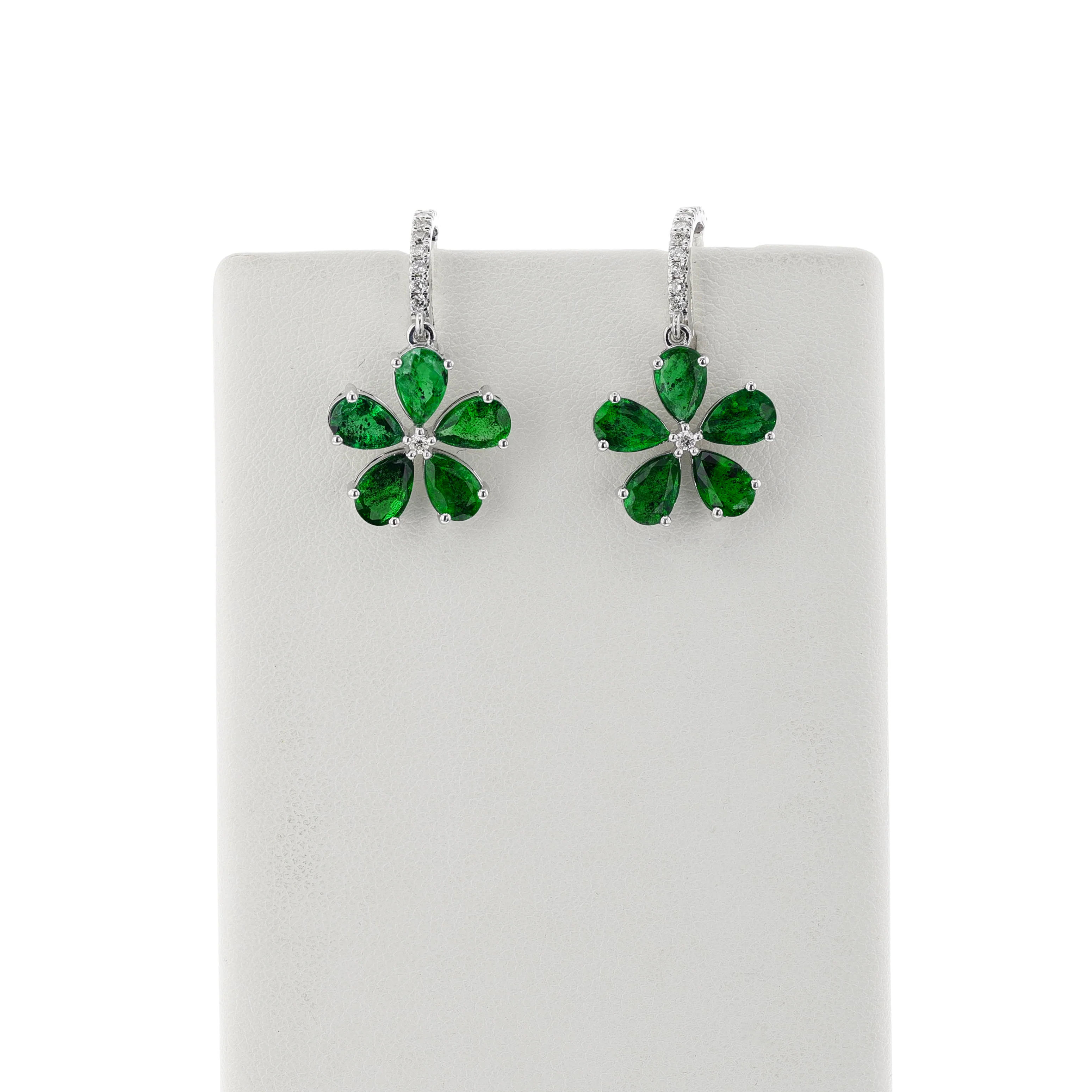 Floral Pear Emerald and Diamond Dangling Hoop Earrings, 14k White Gold