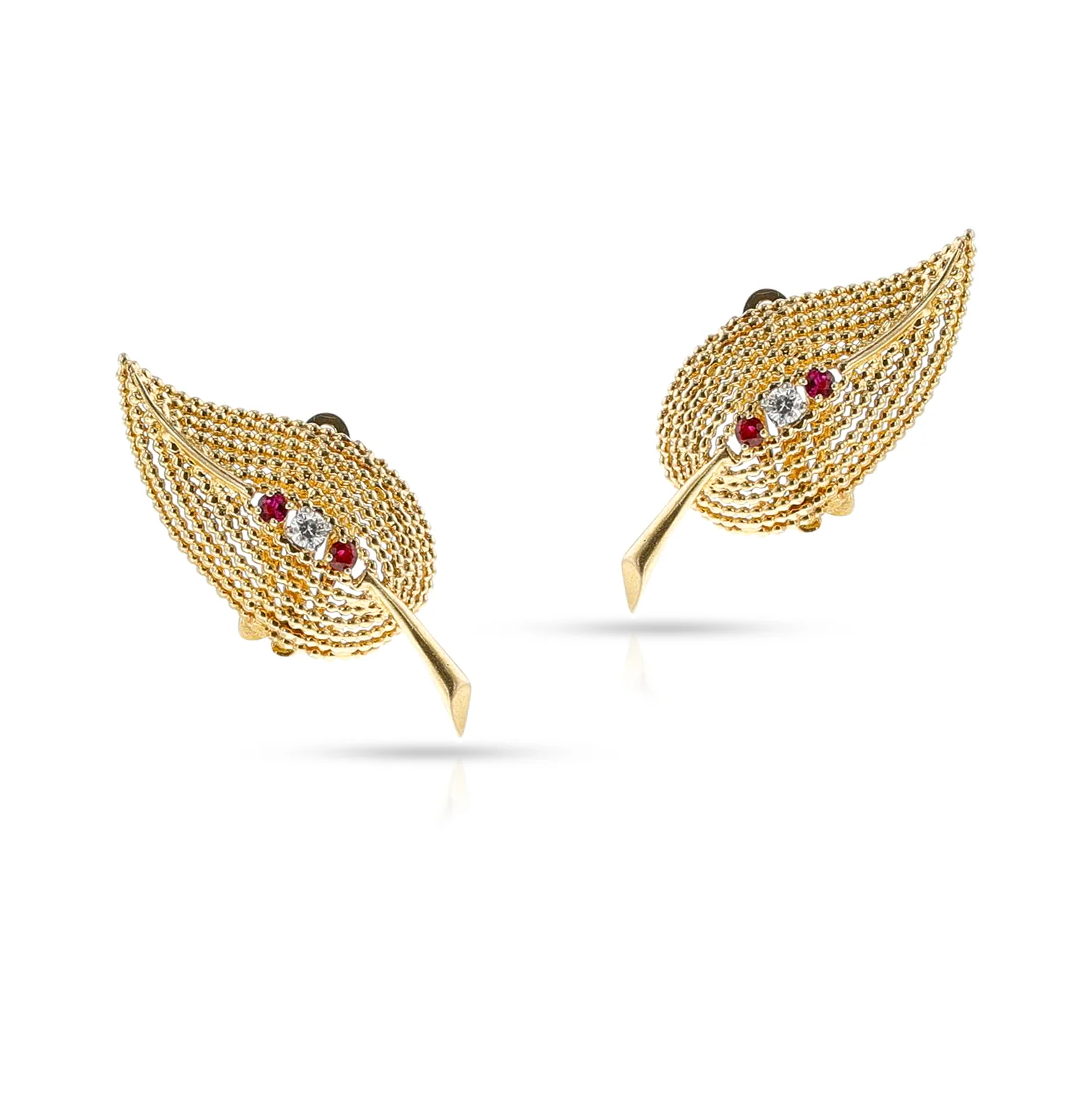 Tiffany & Co. Ruby and Diamond Leaf Earrings, 14k