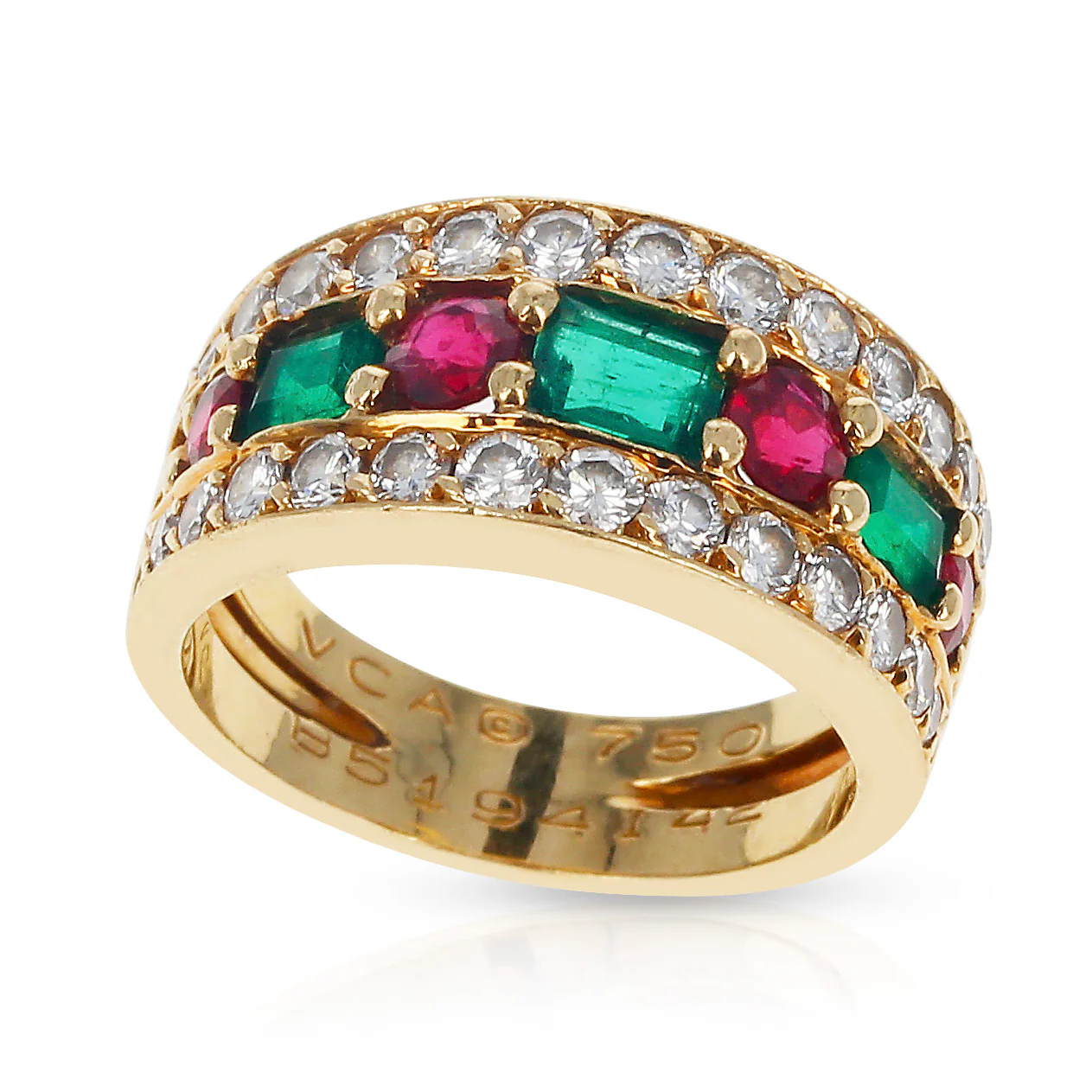 Paris, France Van Cleef & Arpels Emerald and Round Ruby and Diamond Band Ring 18K Yellow