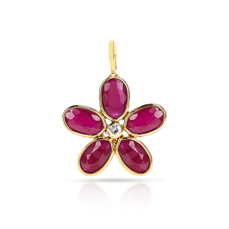 Gemstone Floral Pendant with Diamond, 18K Yellow Gold