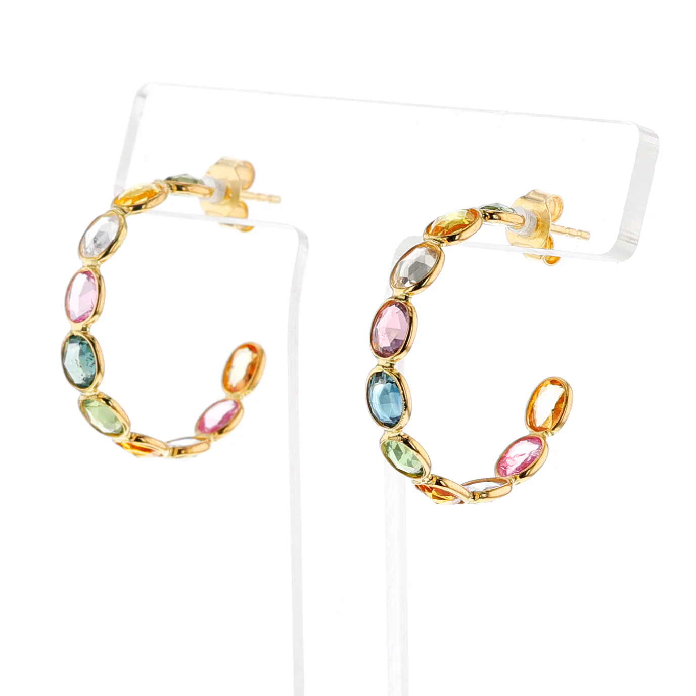 Oval-Cut Multi-Sapphire Hoop Earrings, 18K