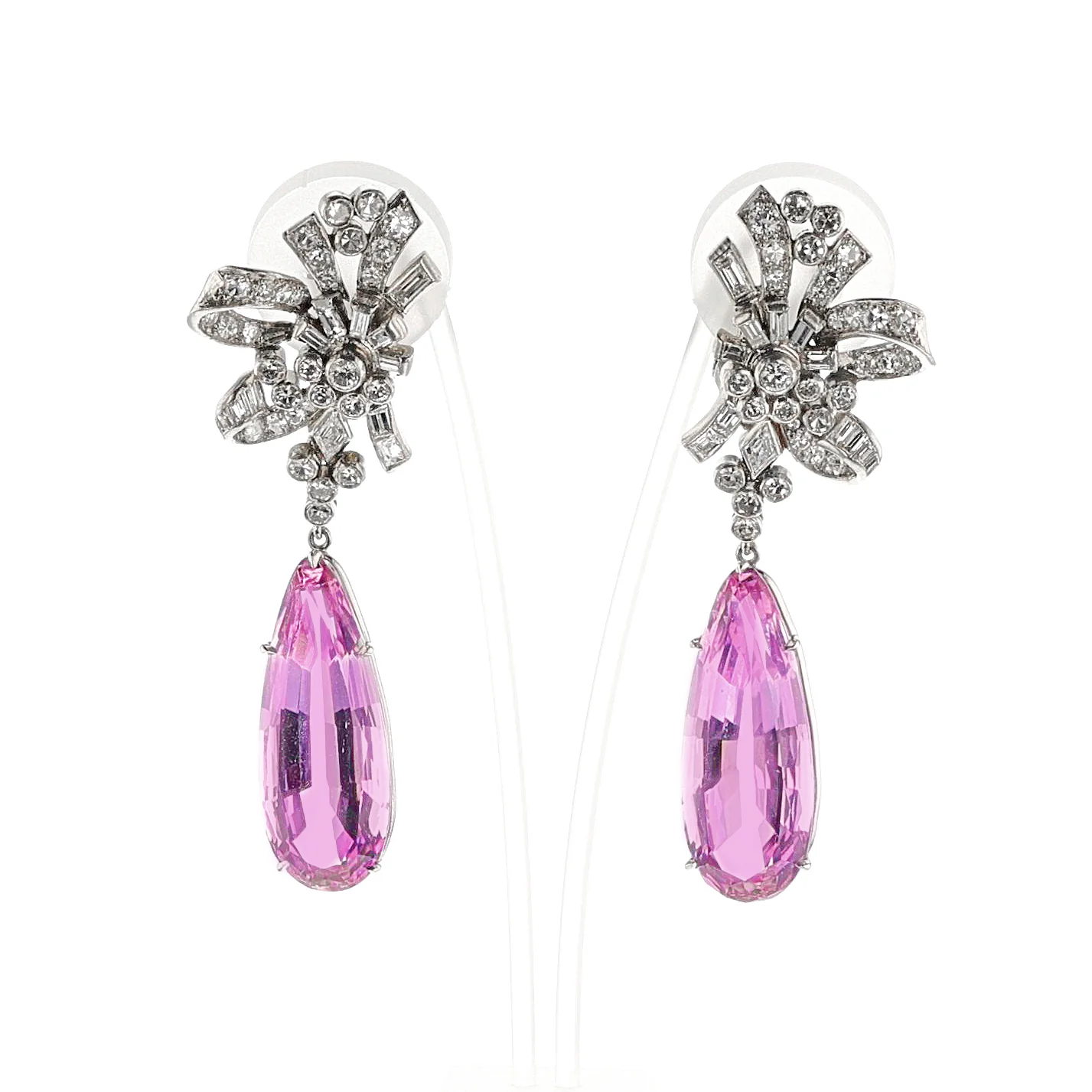 Art Deco AGL Certified Natural Pear Pink Topaz and Diamond Earrings, Platinum
