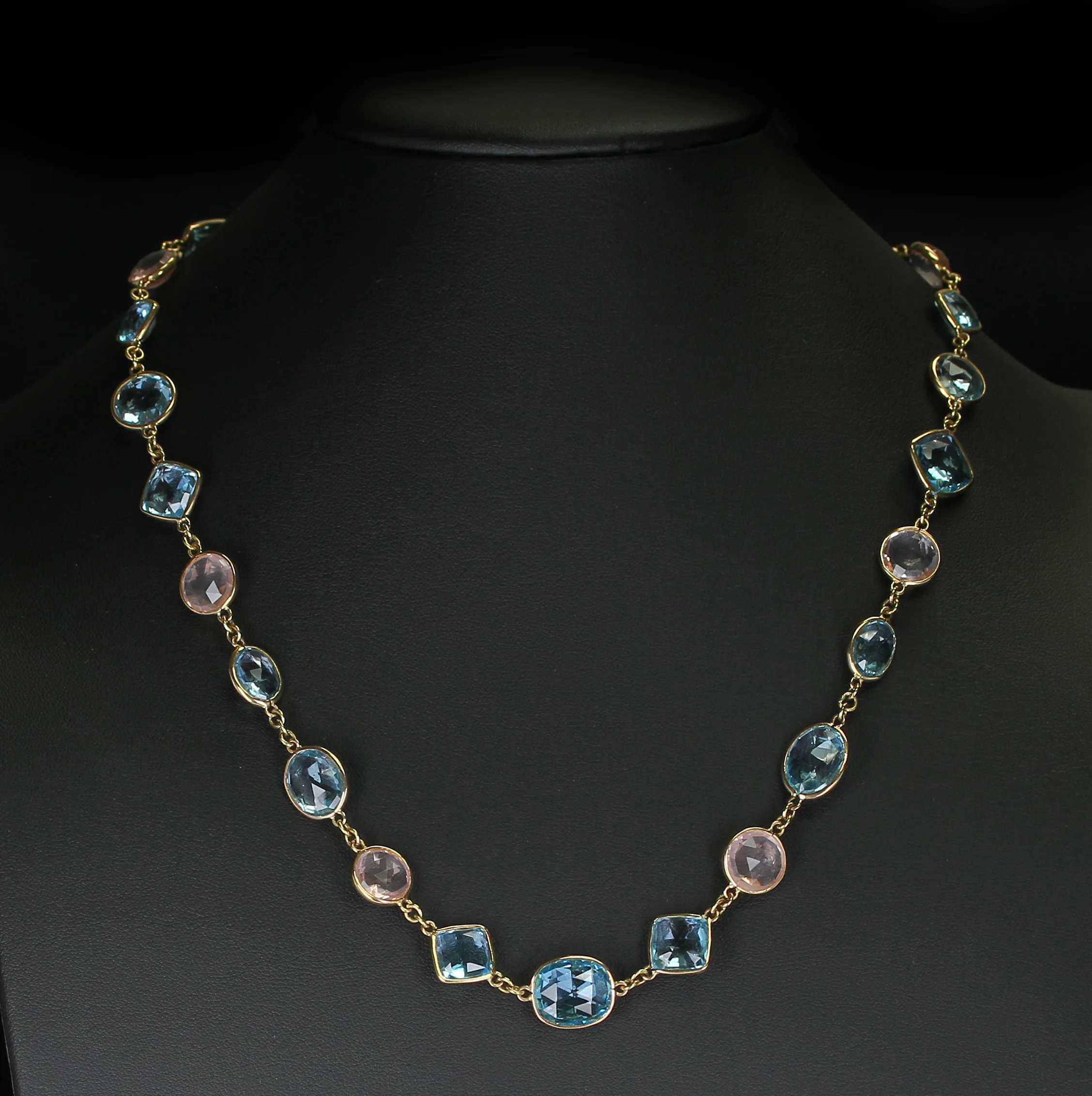 Round Rose Quartz and Oval and Diamond Blue Topaz Faceted Necklace 18K Fine Necklace