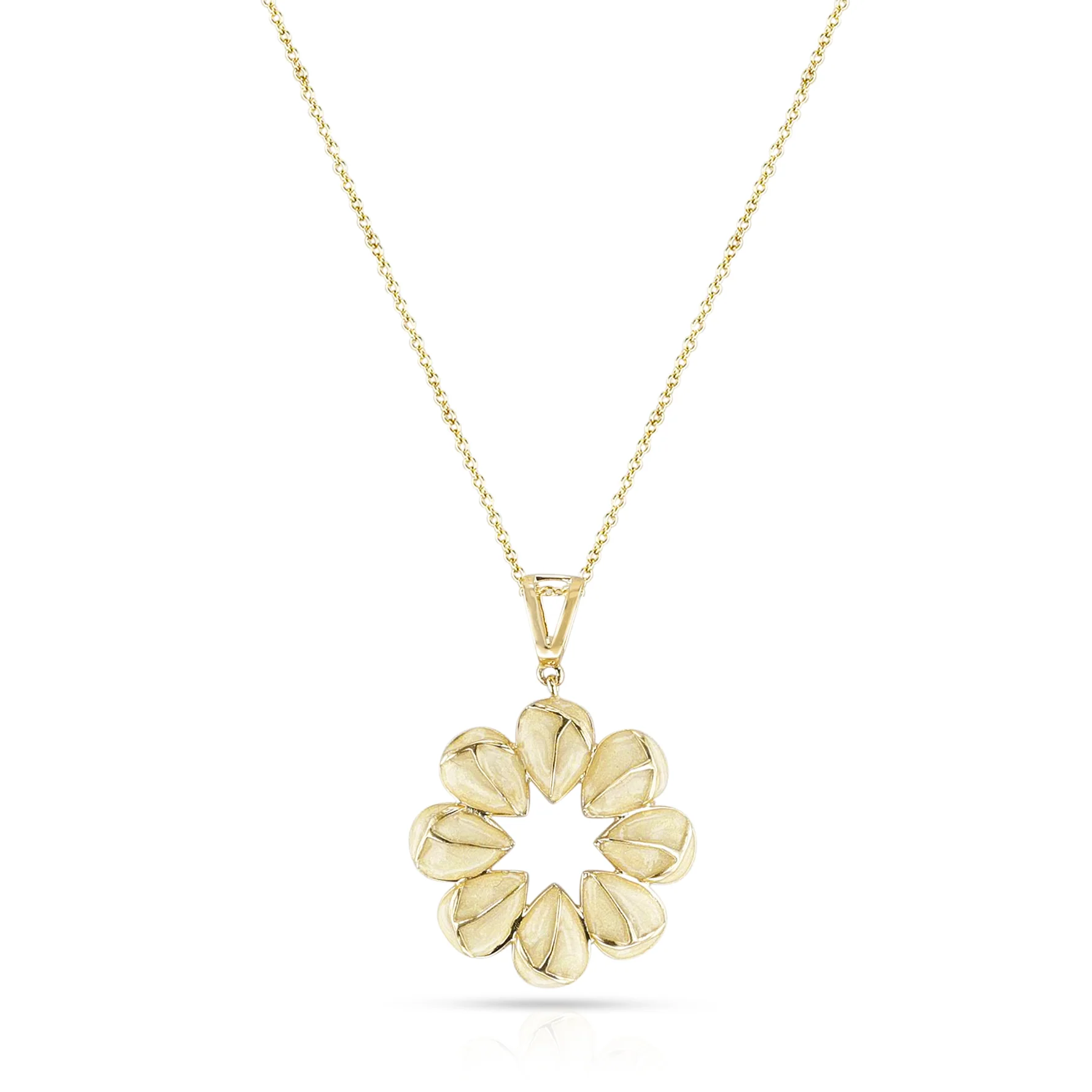 White Floral Enamel and Gold Lining Kintsugi Pendant Necklace, 14K