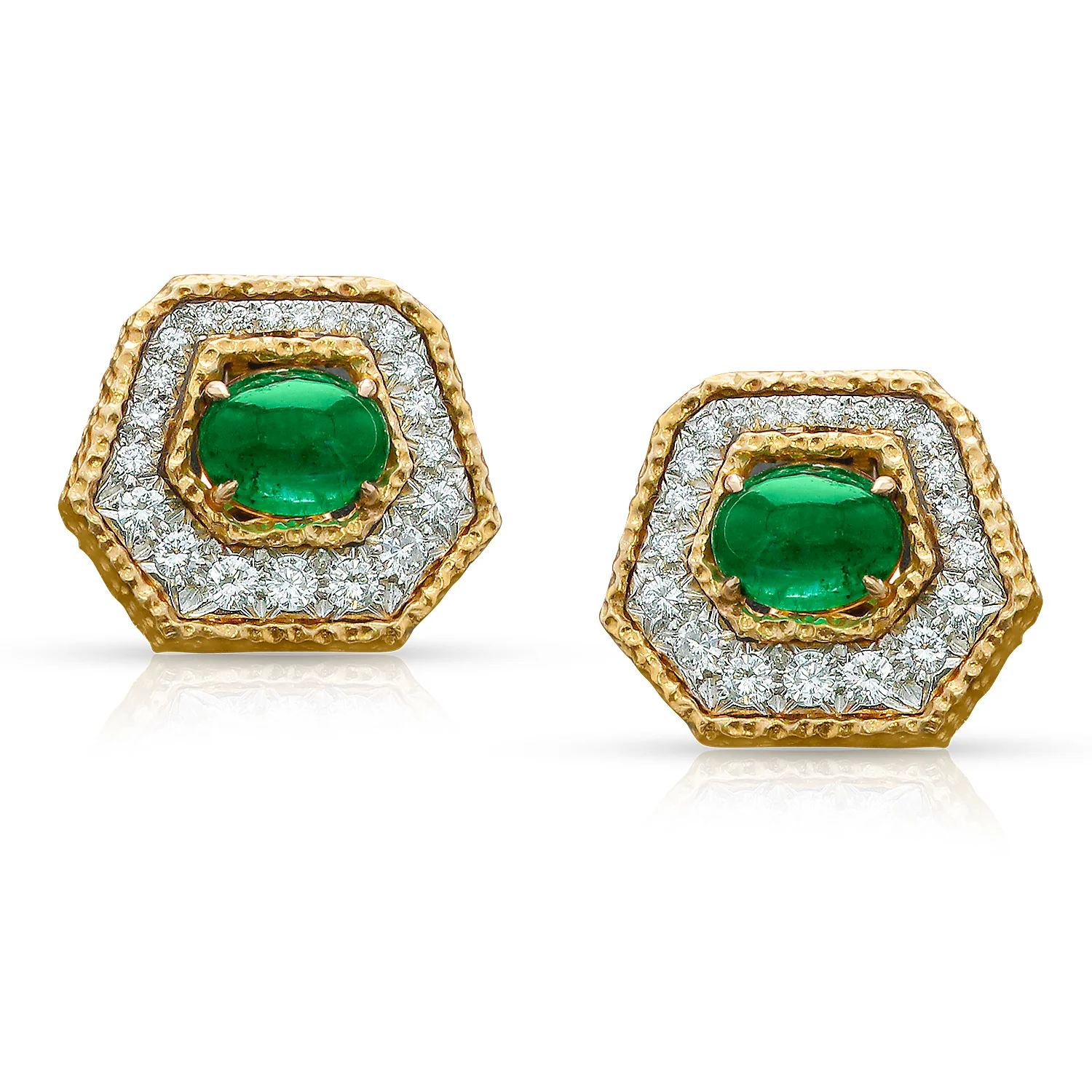 Van Cleef & Arpels Emerald Cabochon and Diamond Textured 18K Gold Earrings
