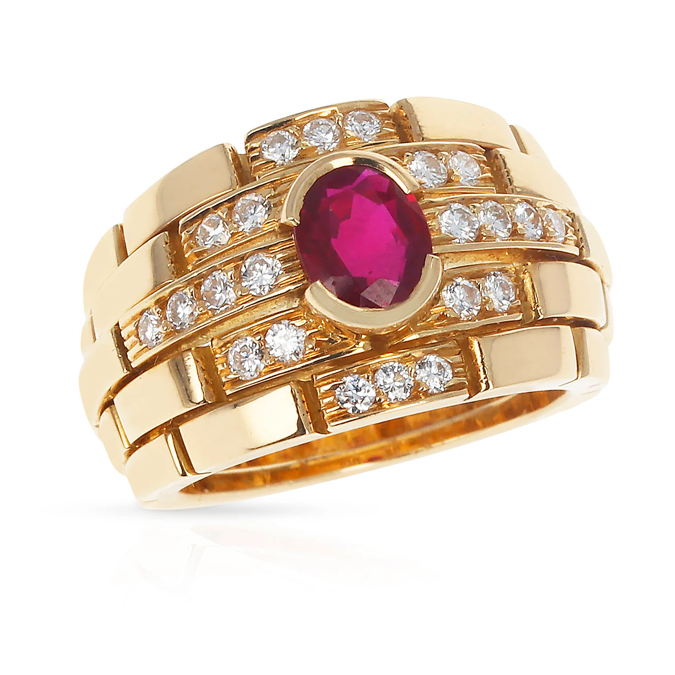 Cartier Maillon Panthere Design Oval Ruby and Diamonds Ring, 18 Karat Yellow