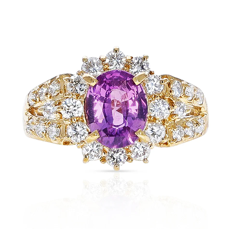 1.72 ct. Oval Pink Sapphire and 1.30 ct. Diamond Ring, 18K Yellow Gold
