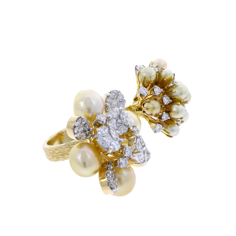 Pearl Clusters Open Ring with Mixed Cut Diamonds, 18K Gold