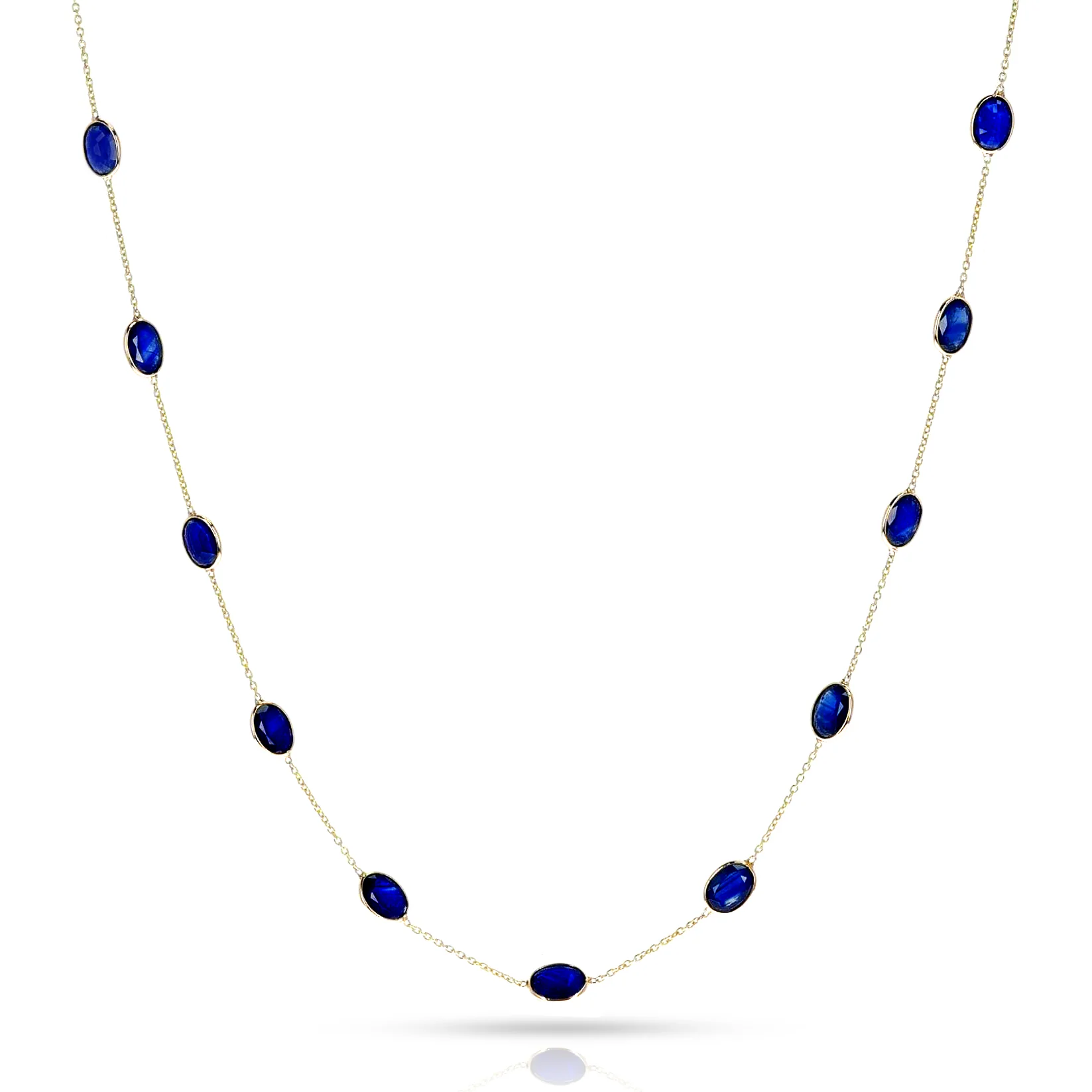 Oval Shape Dark Blue Sapphire Faceted Necklace, 18K Yellow Gold