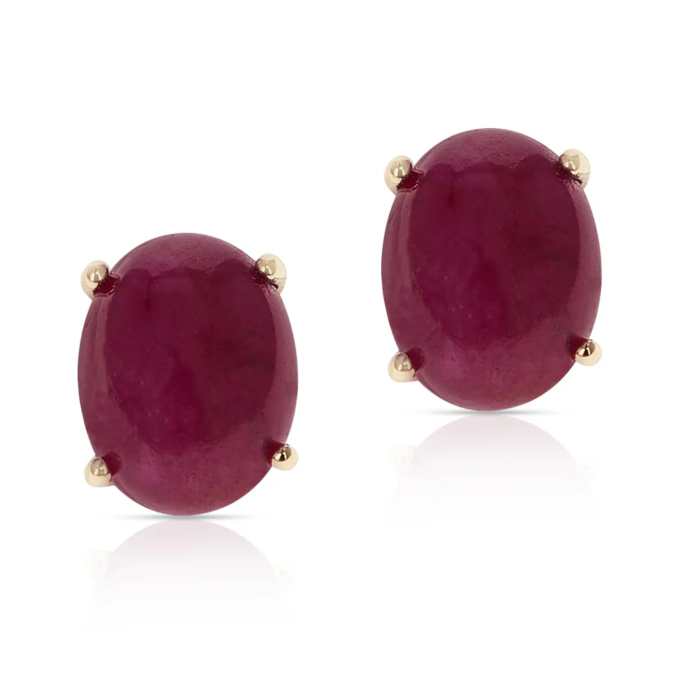Ruby Oval Cabochon Stud Earrings Made in 14 Karat Yellow Gold