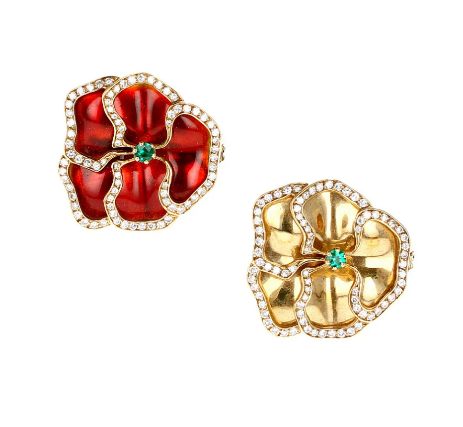 Red and Yellow Enamel Earrings with Emerald and Diamonds
