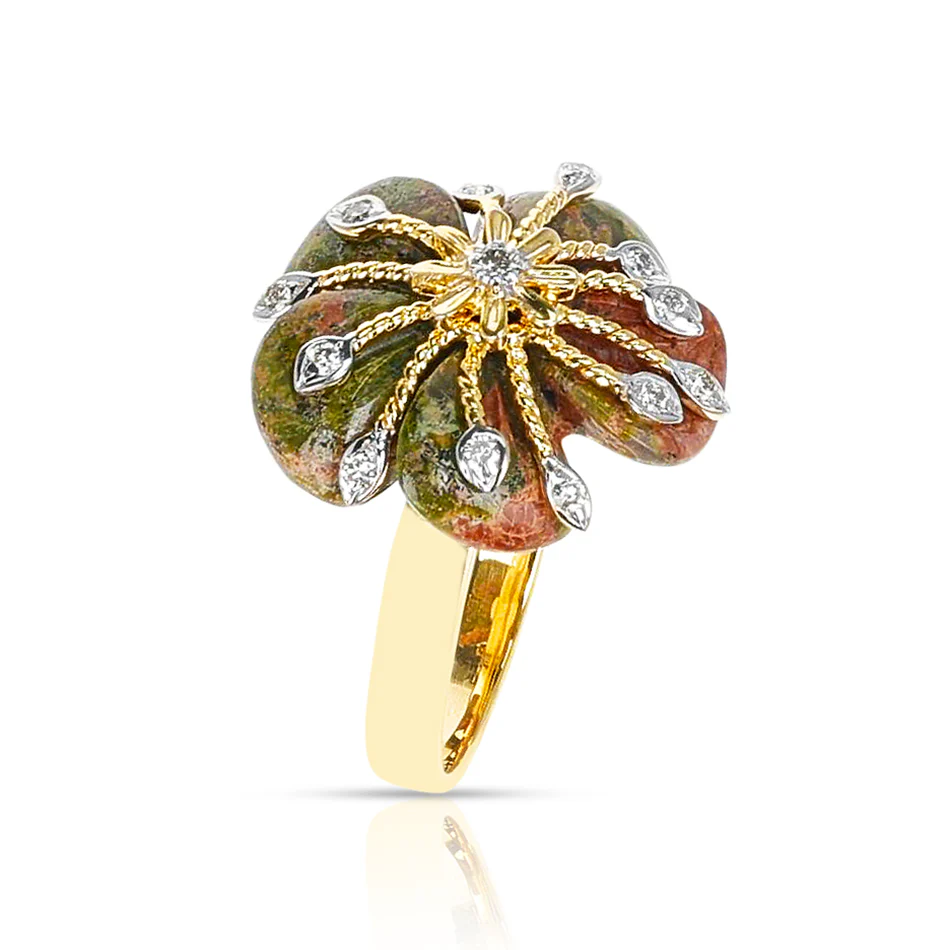 Unakite Carved Floral Ring with 14k Goldwork and Diamonds