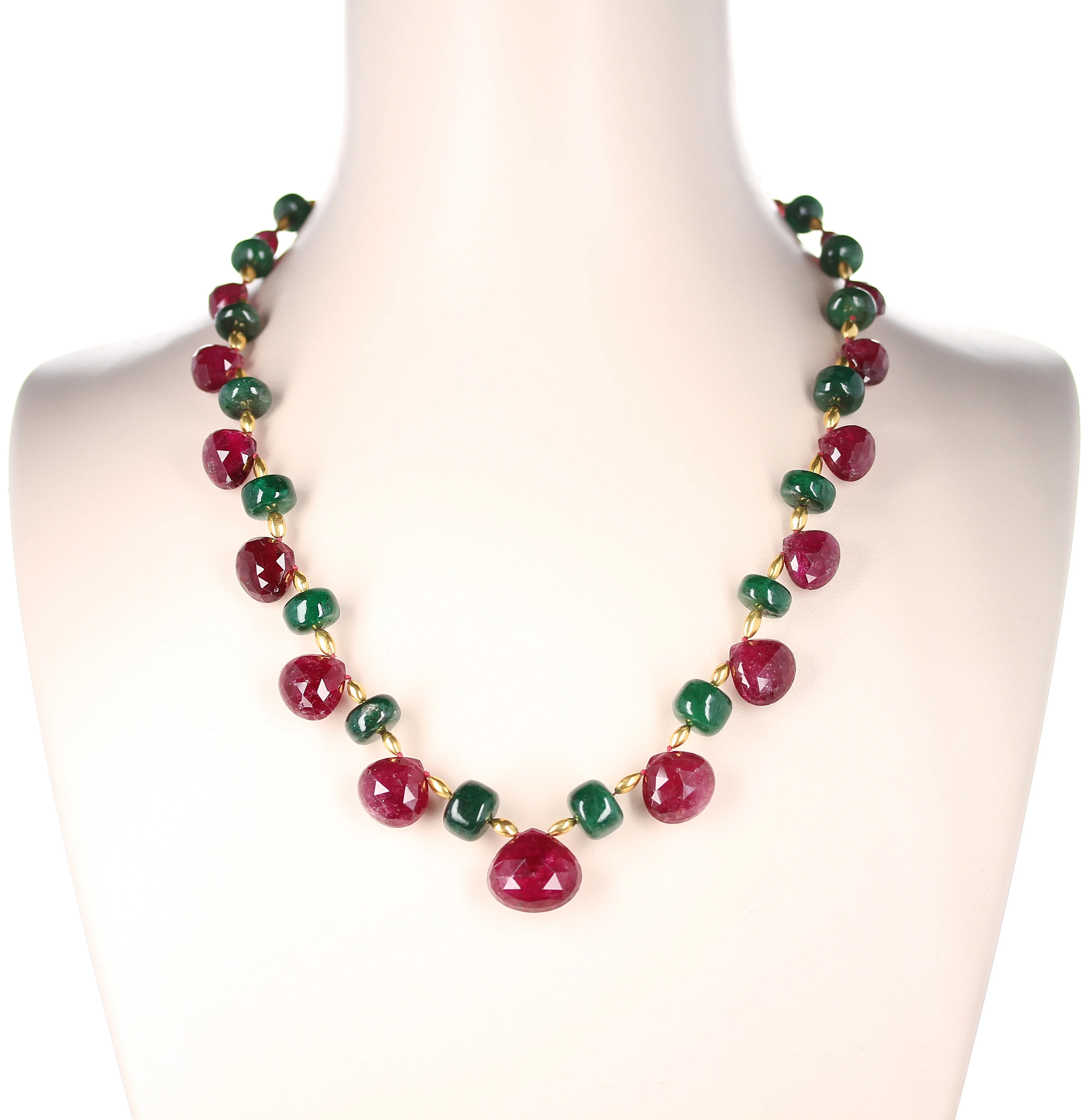 Genuine and Natural Tourmaline Drops with Emerald and Gold Beads Royal Necklace