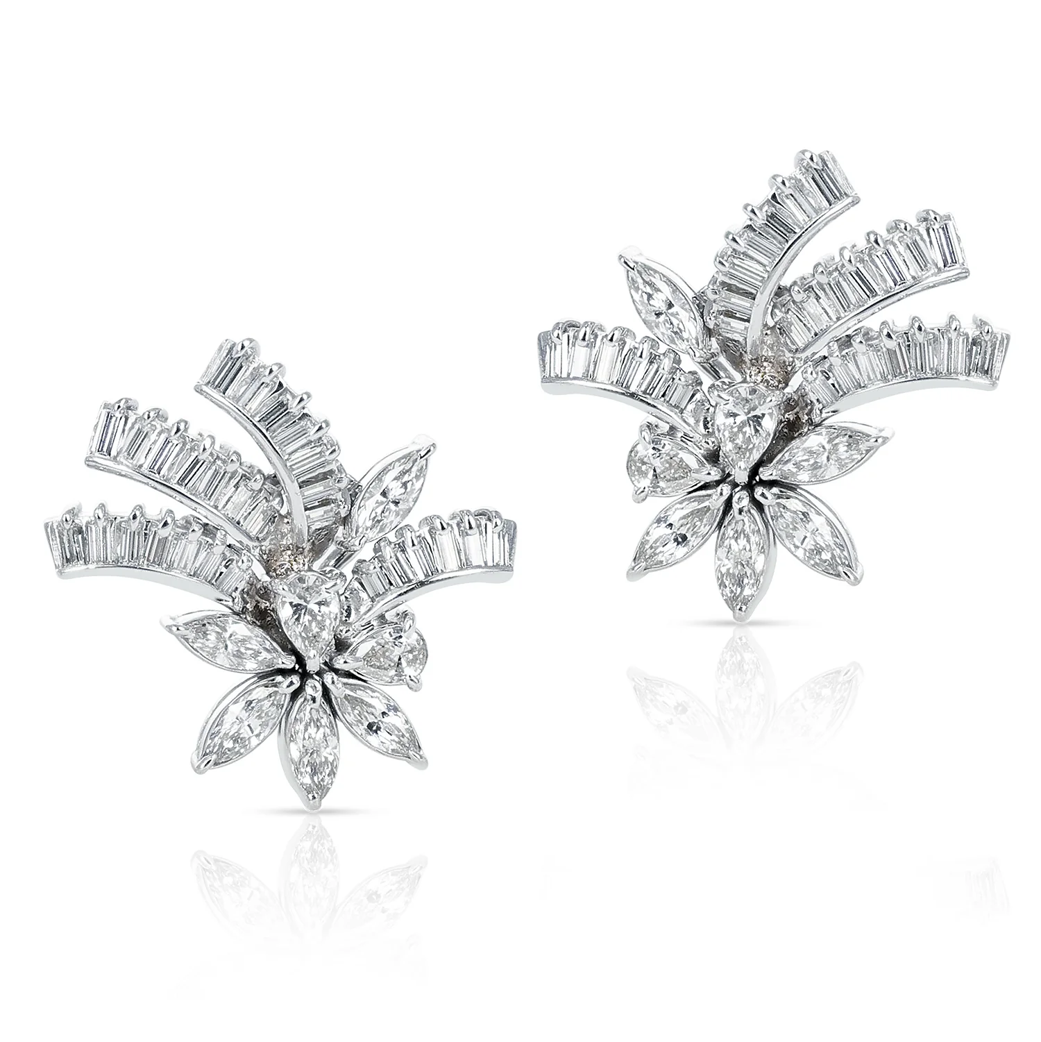3 carats Pear, Marquise, and Baguette Diamond Floral Cocktail Earrings, Platinum