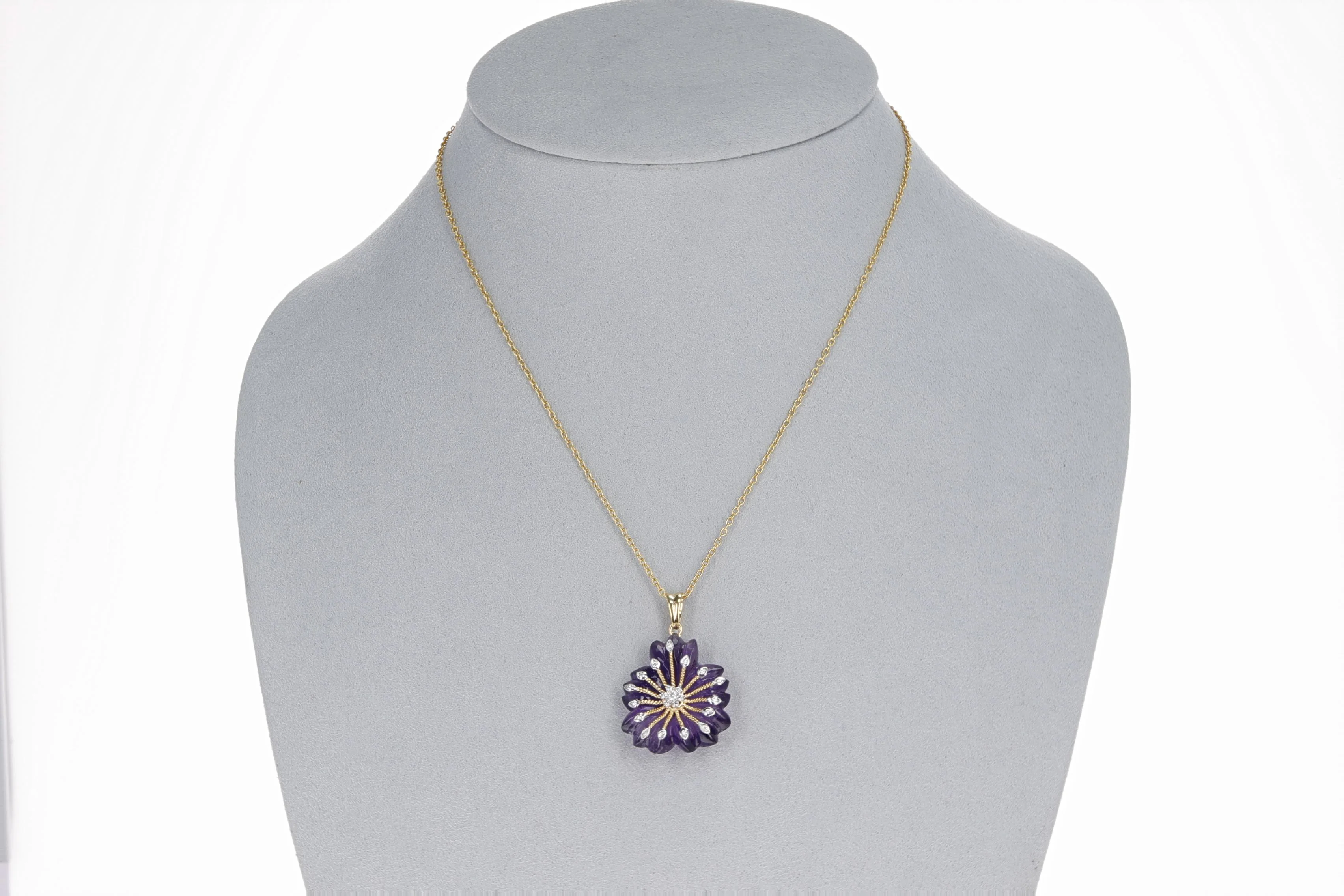 Amethyst Carved Floral Pendant with 14k Gold and Diamonds