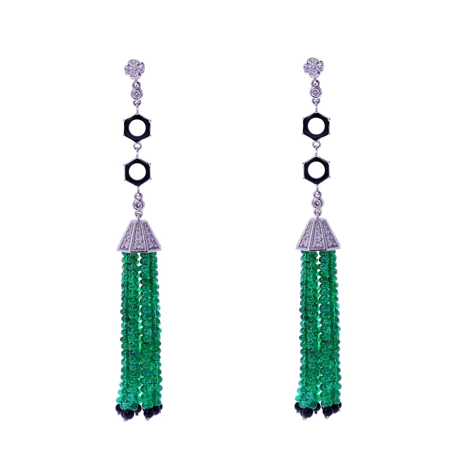 Emerald Beads Tassel Earrings with Diamonds and Onyx, 18k