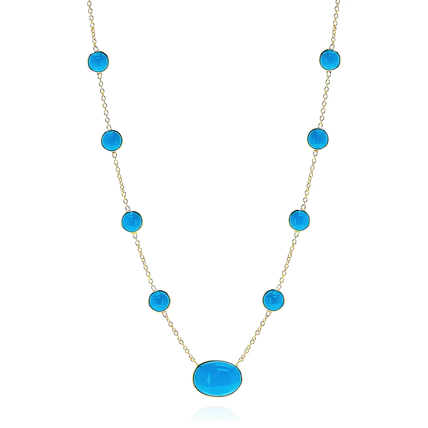Round Turquoise Cabochon with One Oval Cabochon Necklace, 18K