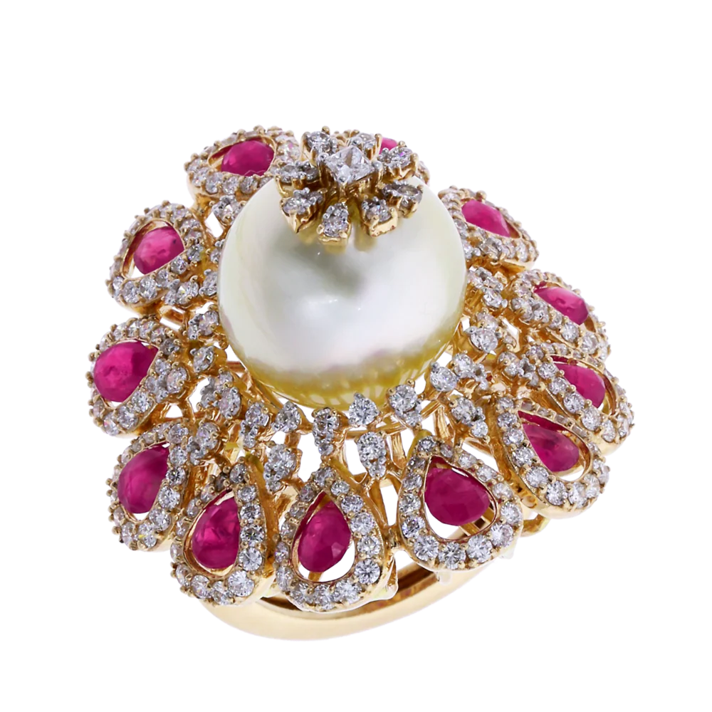 Ruby and Pearl Blooming Flower Ring with Diamonds