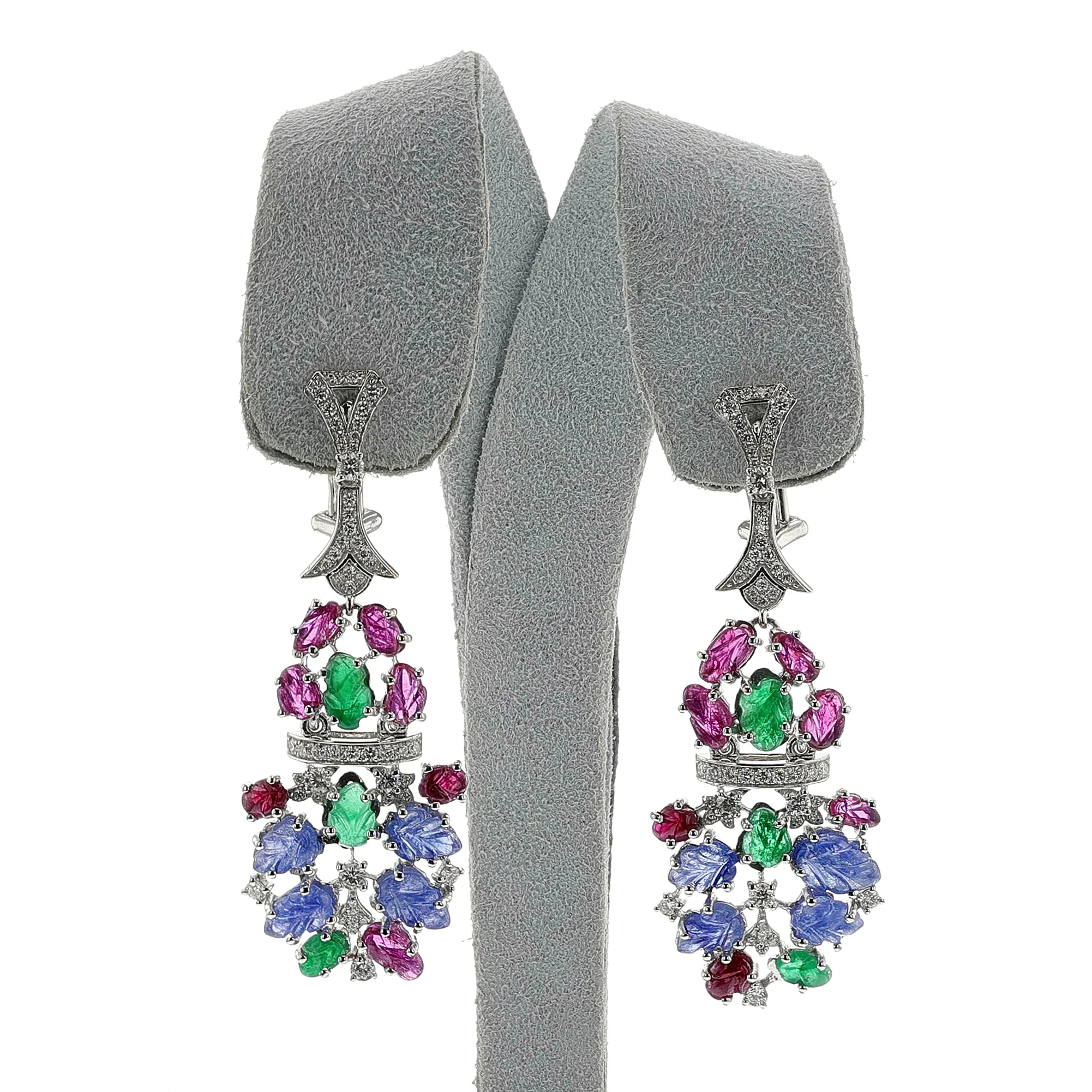 Carved Ruby, Emerald, Sapphire and Diamond Dangling Earrings, 18k