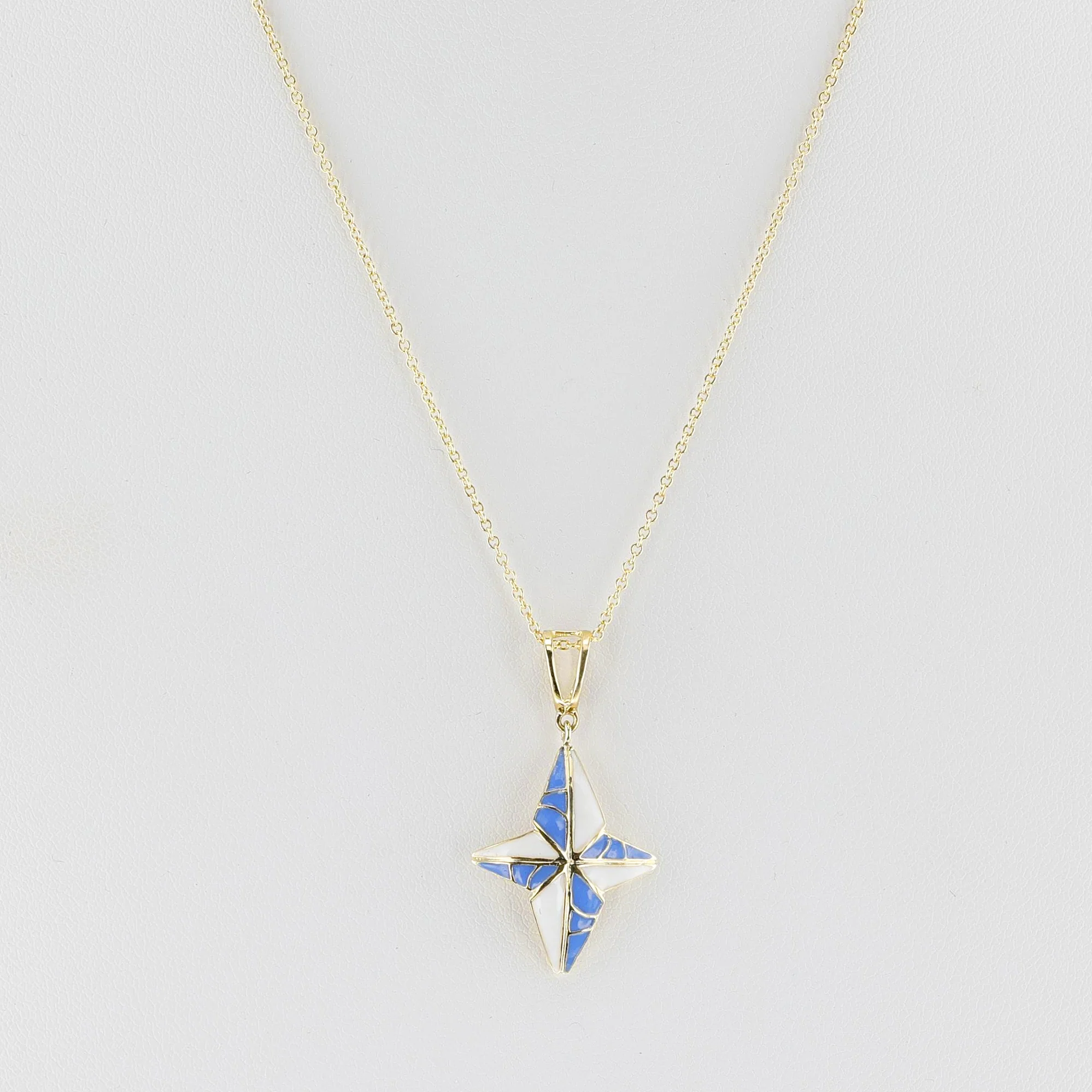Blue and White Enamel and Gold Lining Kintsugi Pendant Necklace, 14K