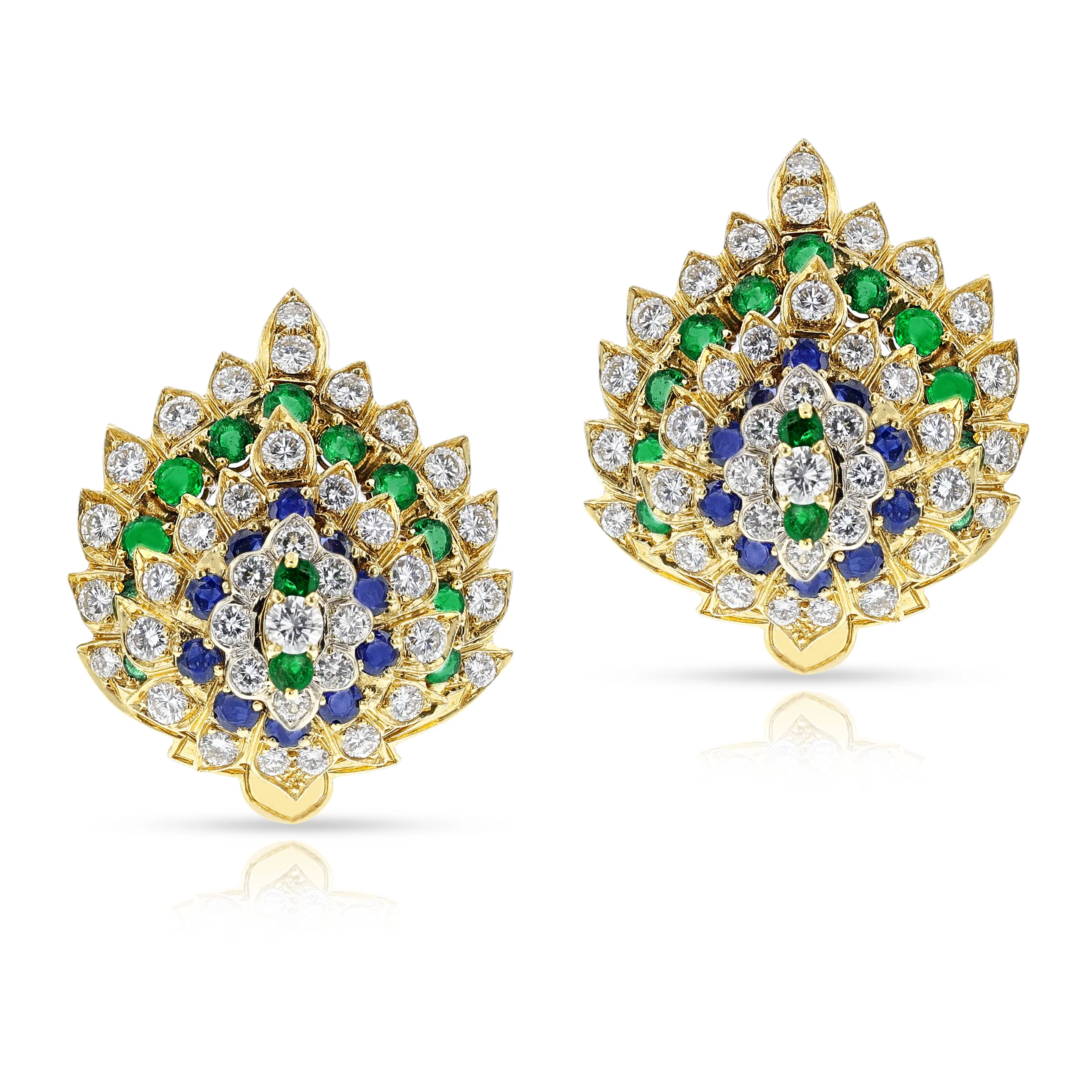 Leaf-Shape Diamond, Sapphire, and Emerald Large Cocktail Earrings, 18k