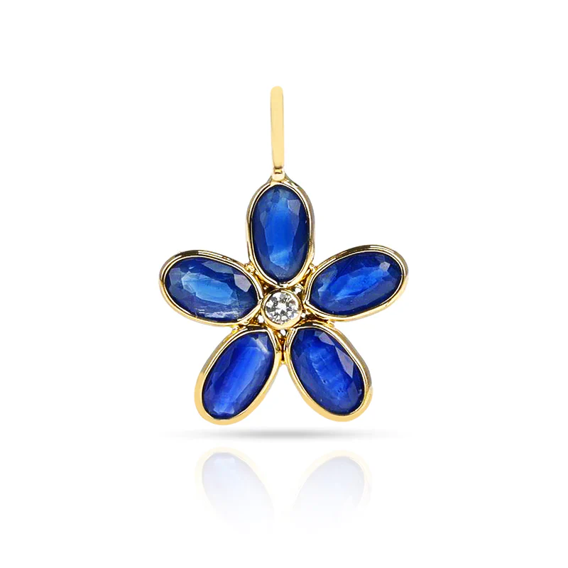 Gemstone Floral Pendant with Diamond, 18K Yellow Gold