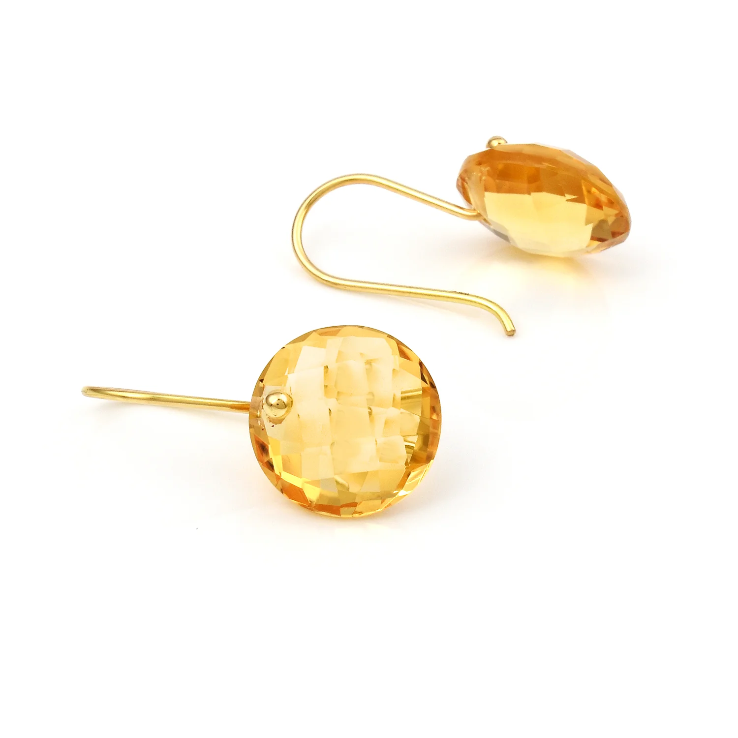 Citrine Round Shape Dangling Earrings made in 18 Karat Yellow Gold.