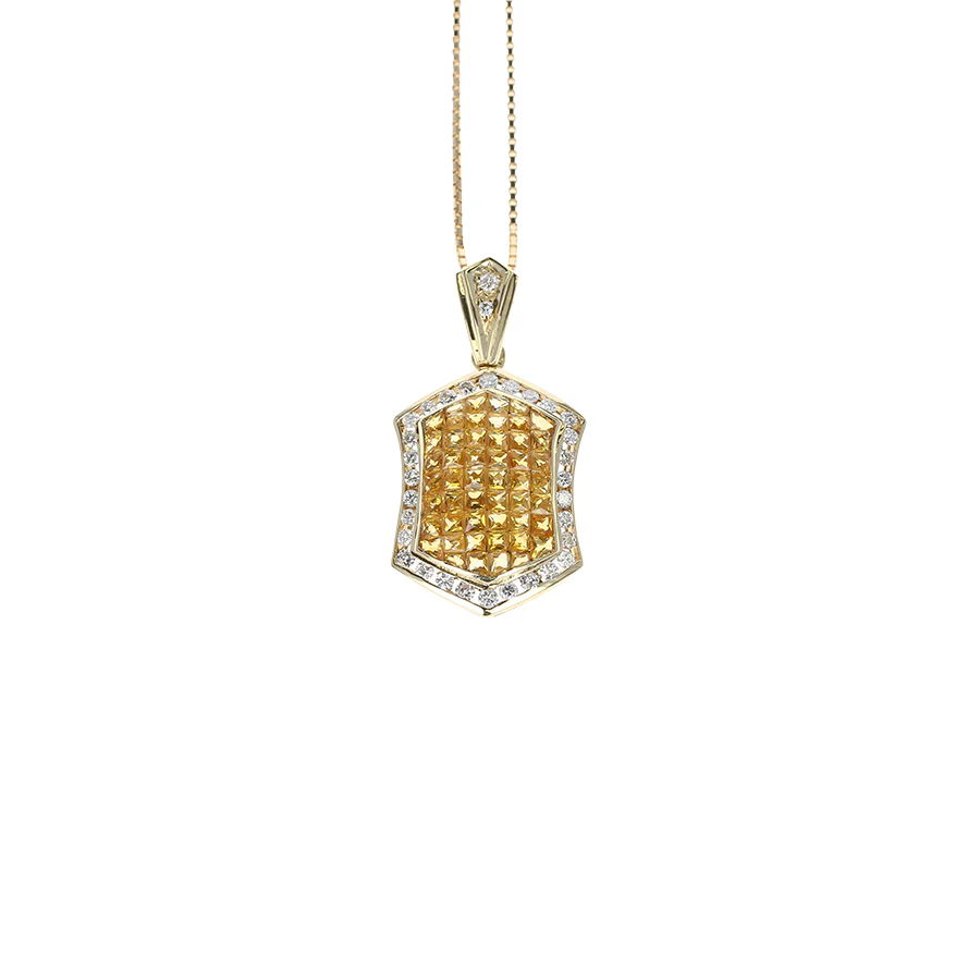 Hexagonal Invisibly Set Yellow Sapphire Pendant Necklace with Diamonds, 18K Yellow Gold