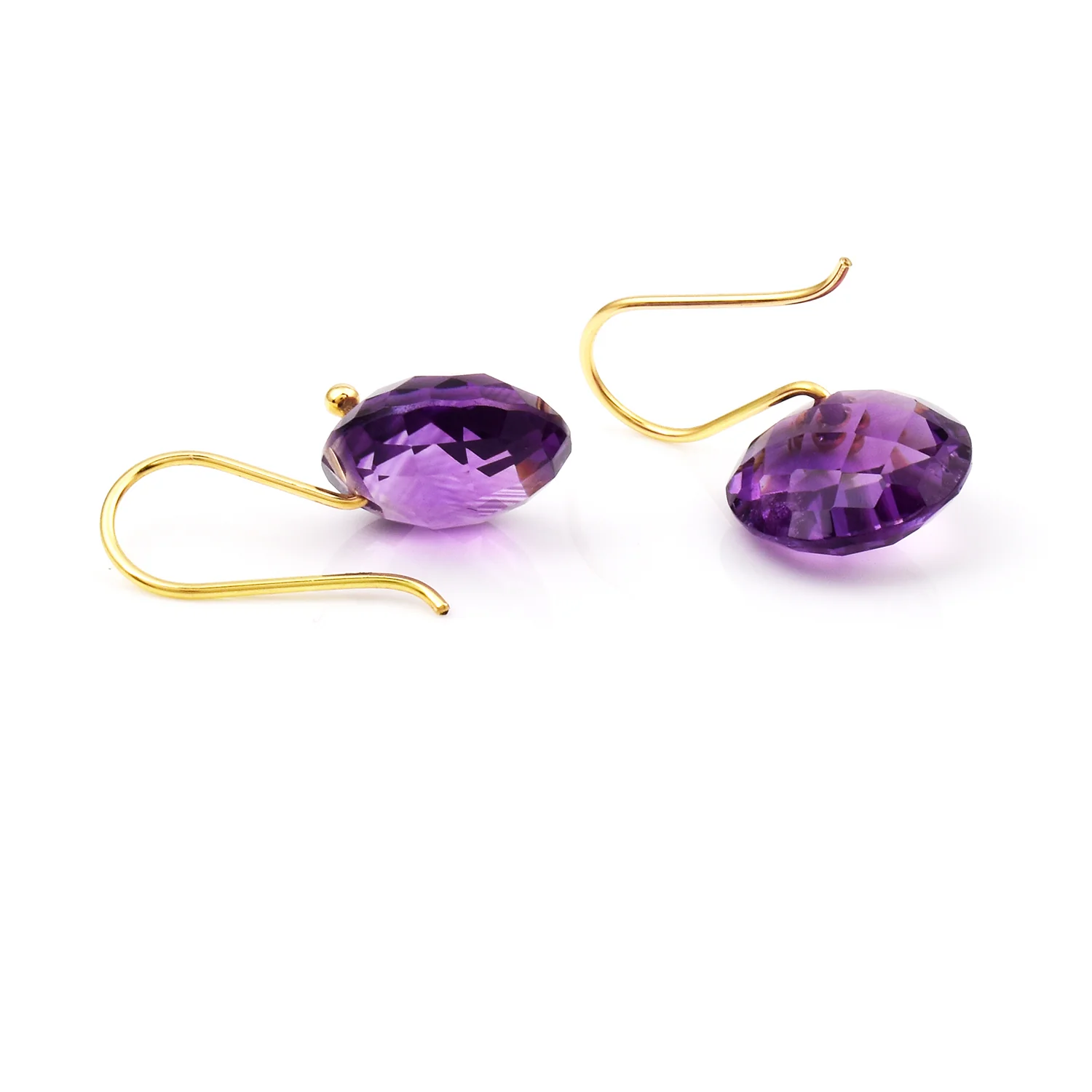 Amethyst Round Shape Dangling Earrings made in 18 Karat Yellow Gold.