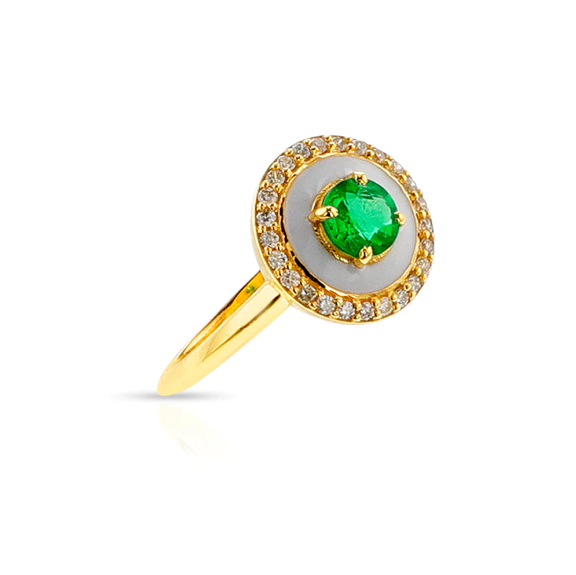 Emerald, White Enamel and Diamond Ring, 14k