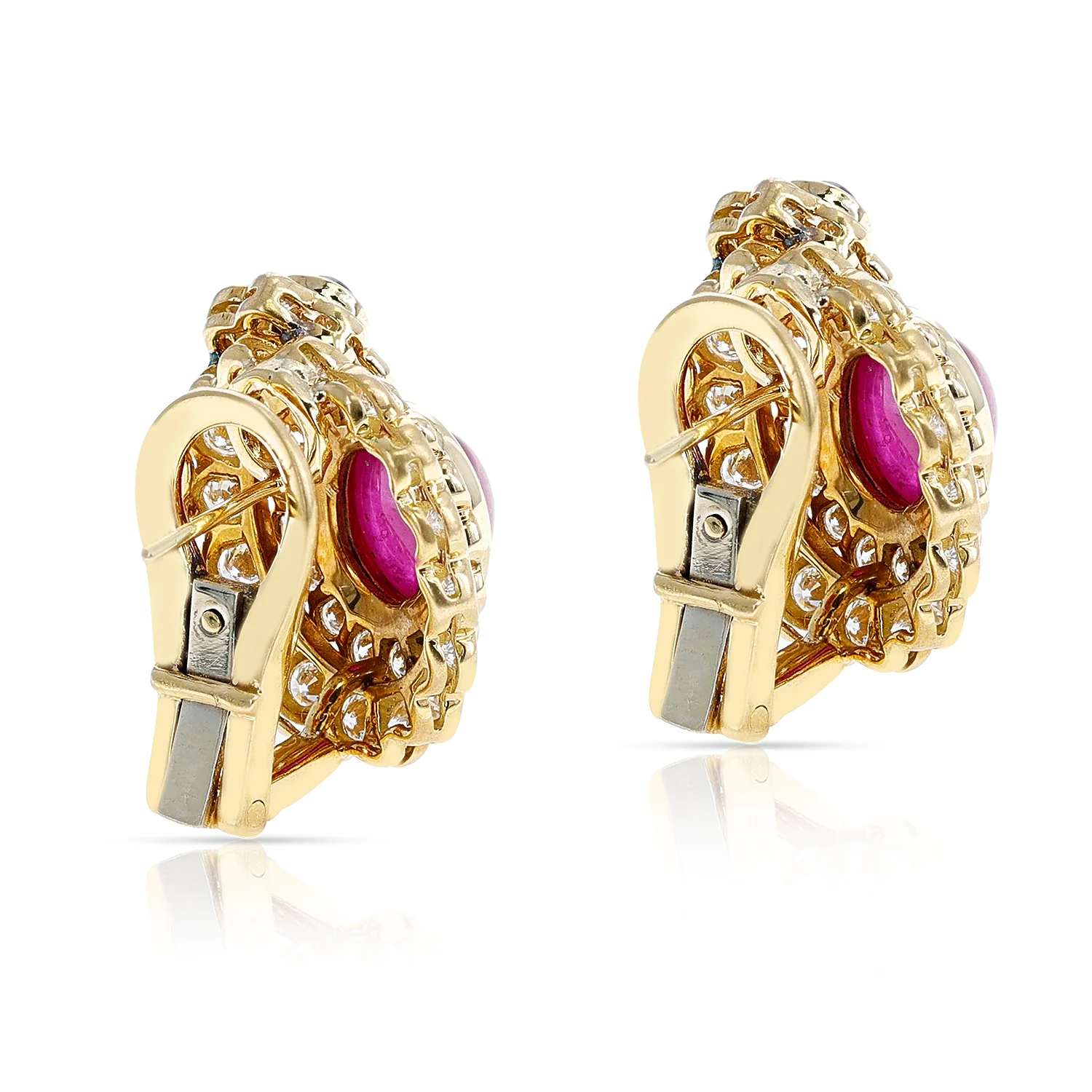 Oval Ruby Cabochon and Sapphire Cabochon and Diamonds Earrings