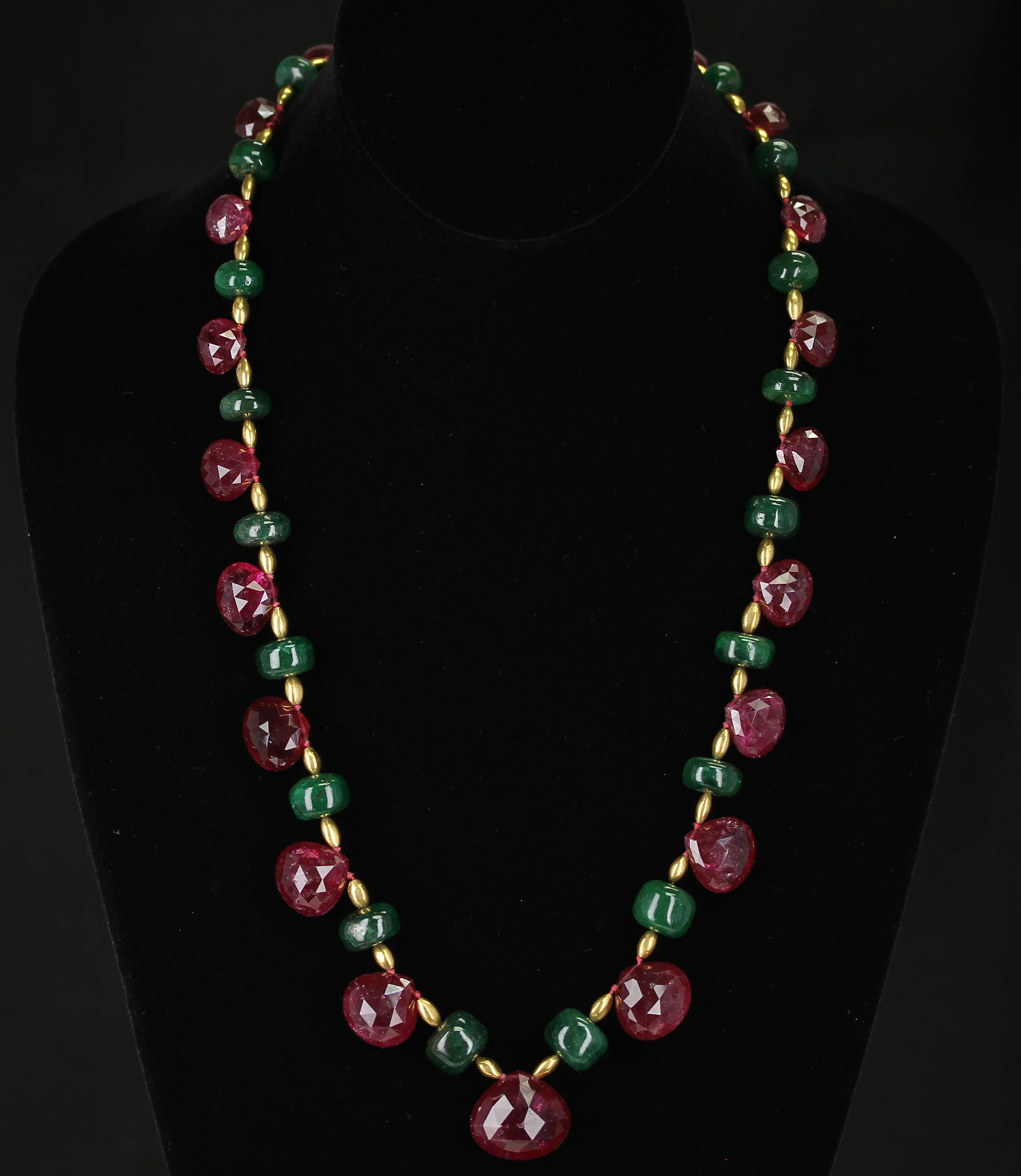 Genuine and Natural Tourmaline Drops with Emerald and Gold Beads Royal Necklace