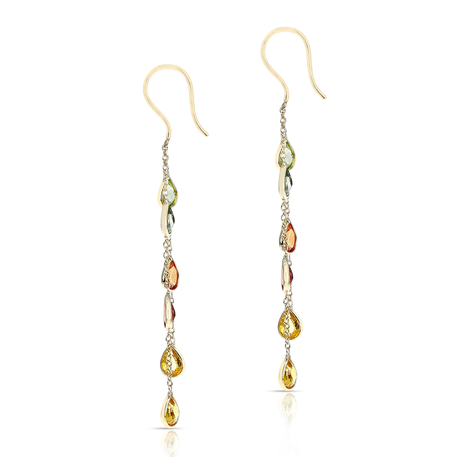 Multi Sapphire Oval Pear Shape Dangling Earrings made in 18 Karat Yellow Gold.