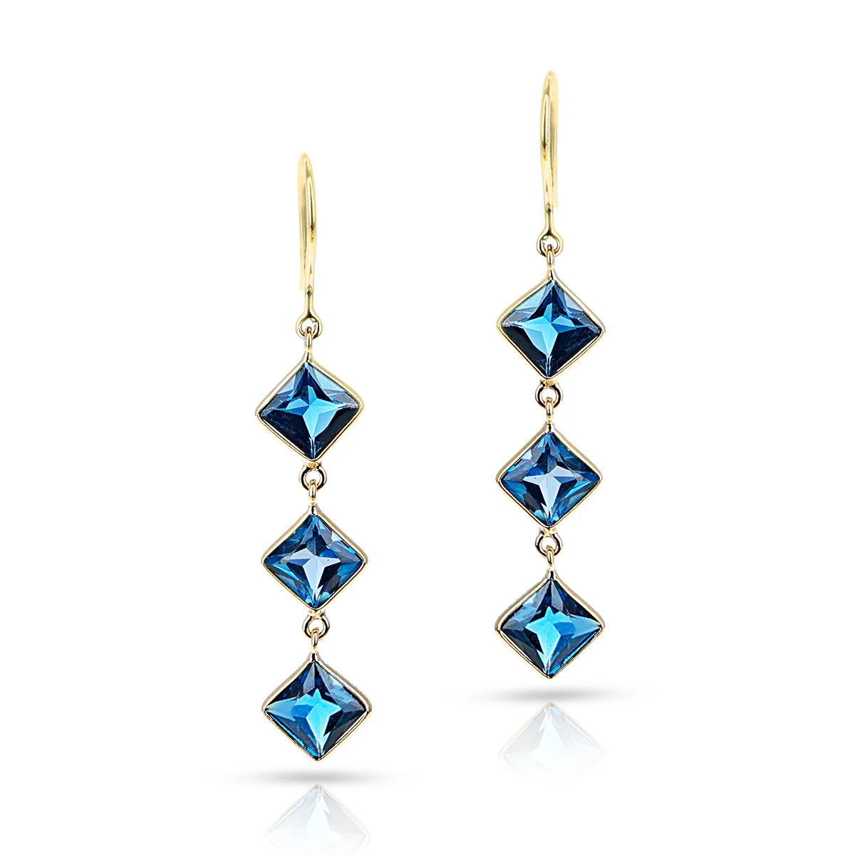 London Blue Topaz Cushion Shape Dangling Earrings made in 18 Karat Yellow Gold.
